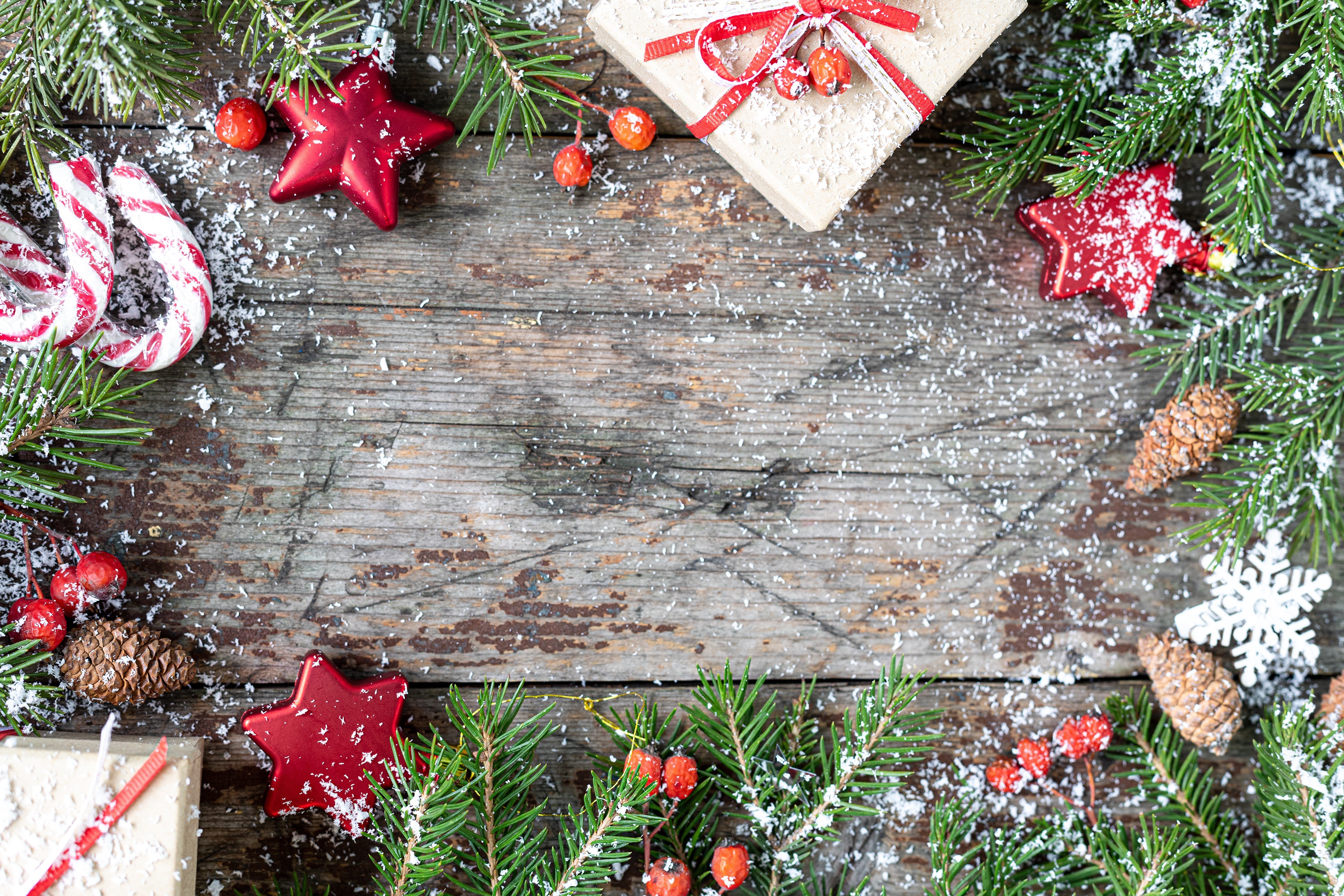 Christmas decorations on a wooden table HD Wallpaper