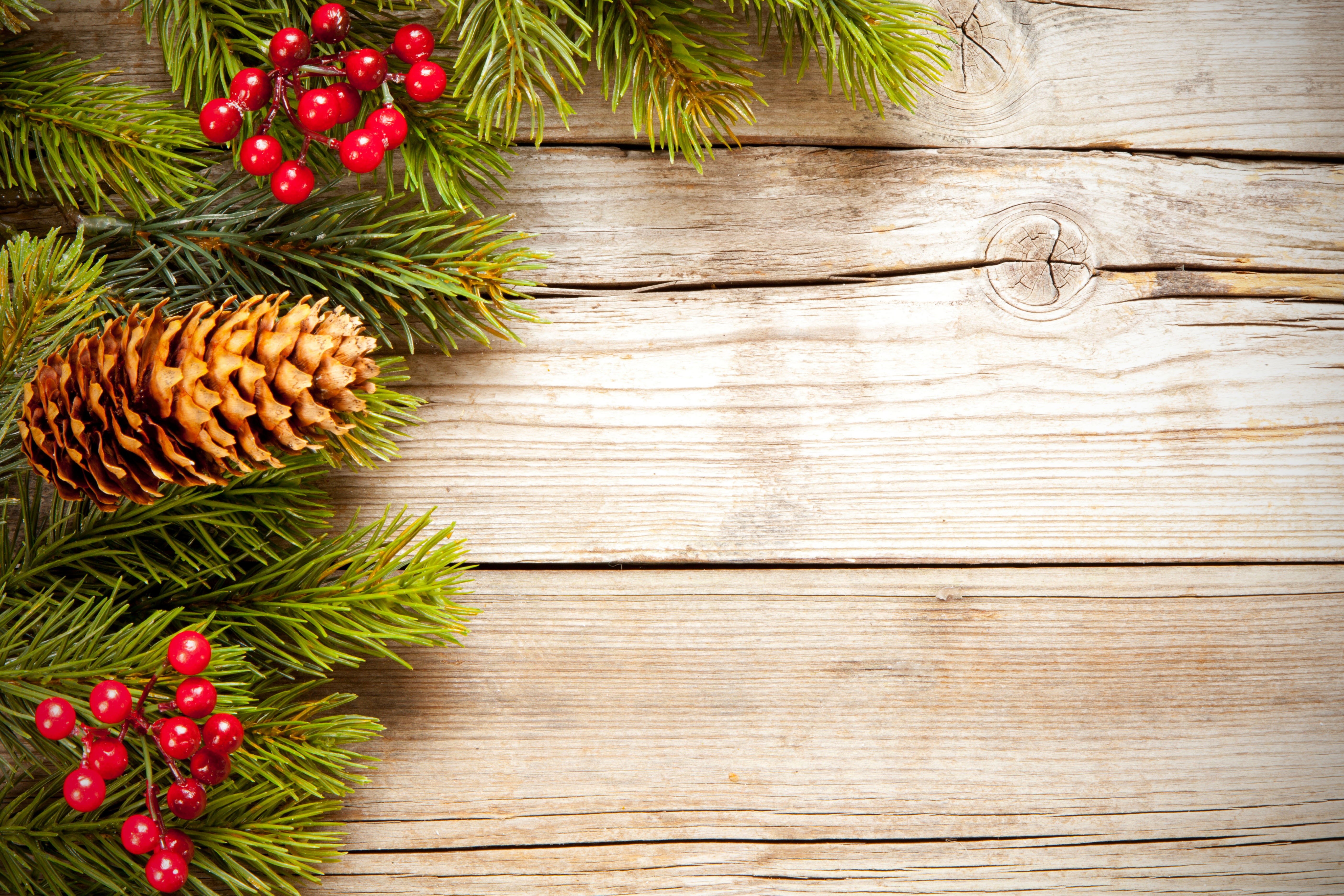 Christmas pine cone and berries on wood planks HD Wallpaper