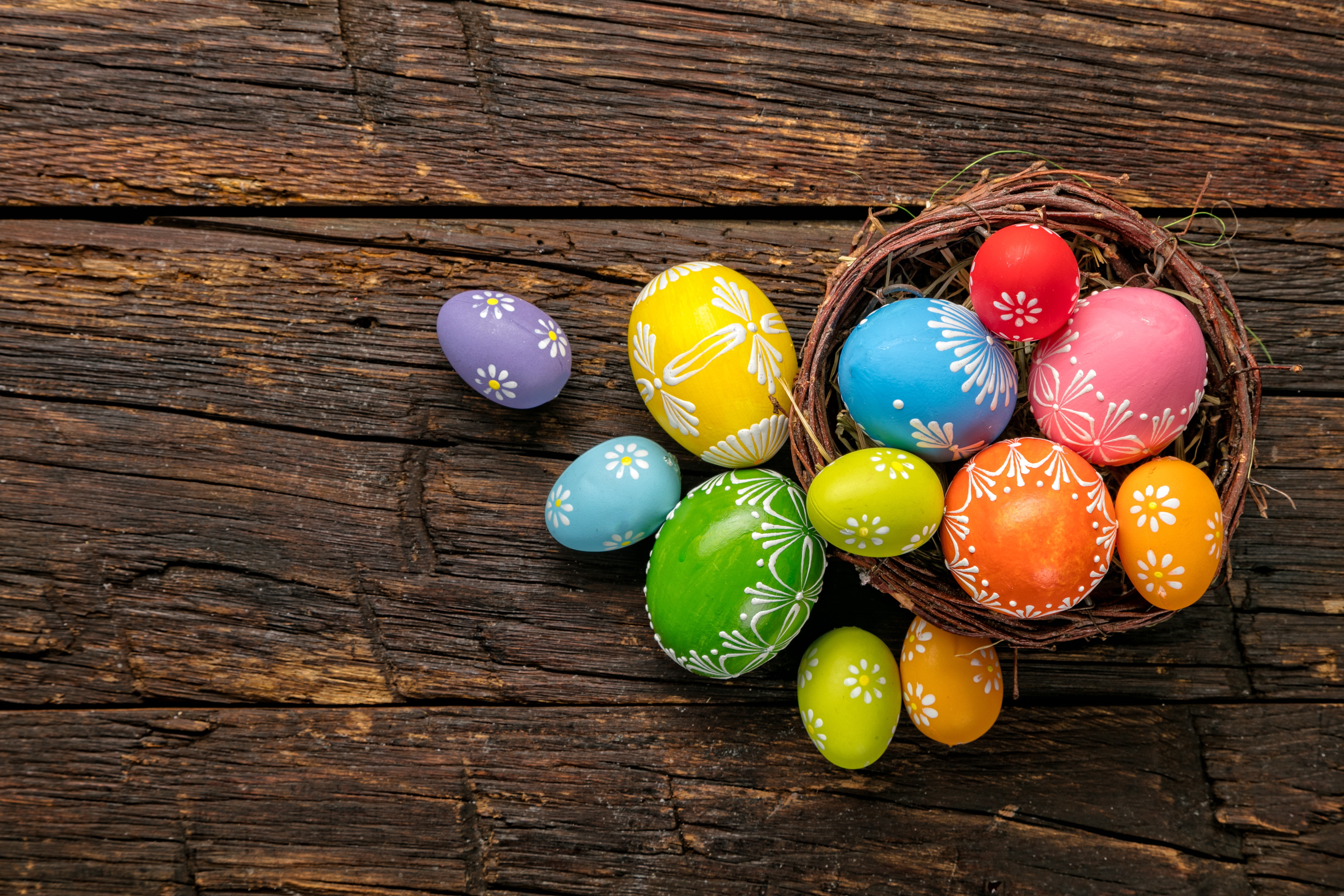 Easter Eggs in a Nest on Wooden Background HD Wallpaper