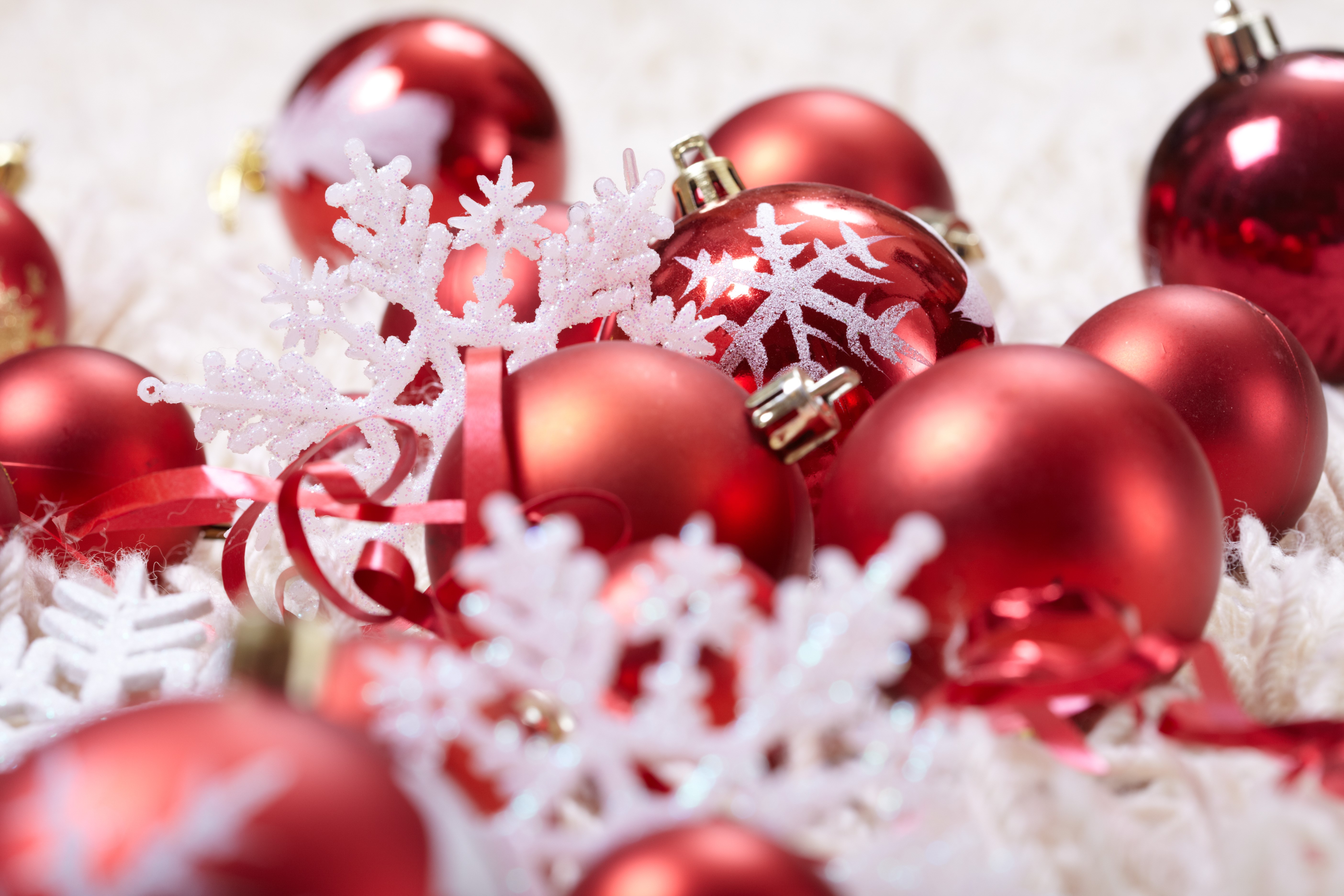 Red Christmas Ornaments with Snowflakes HD Wallpaper