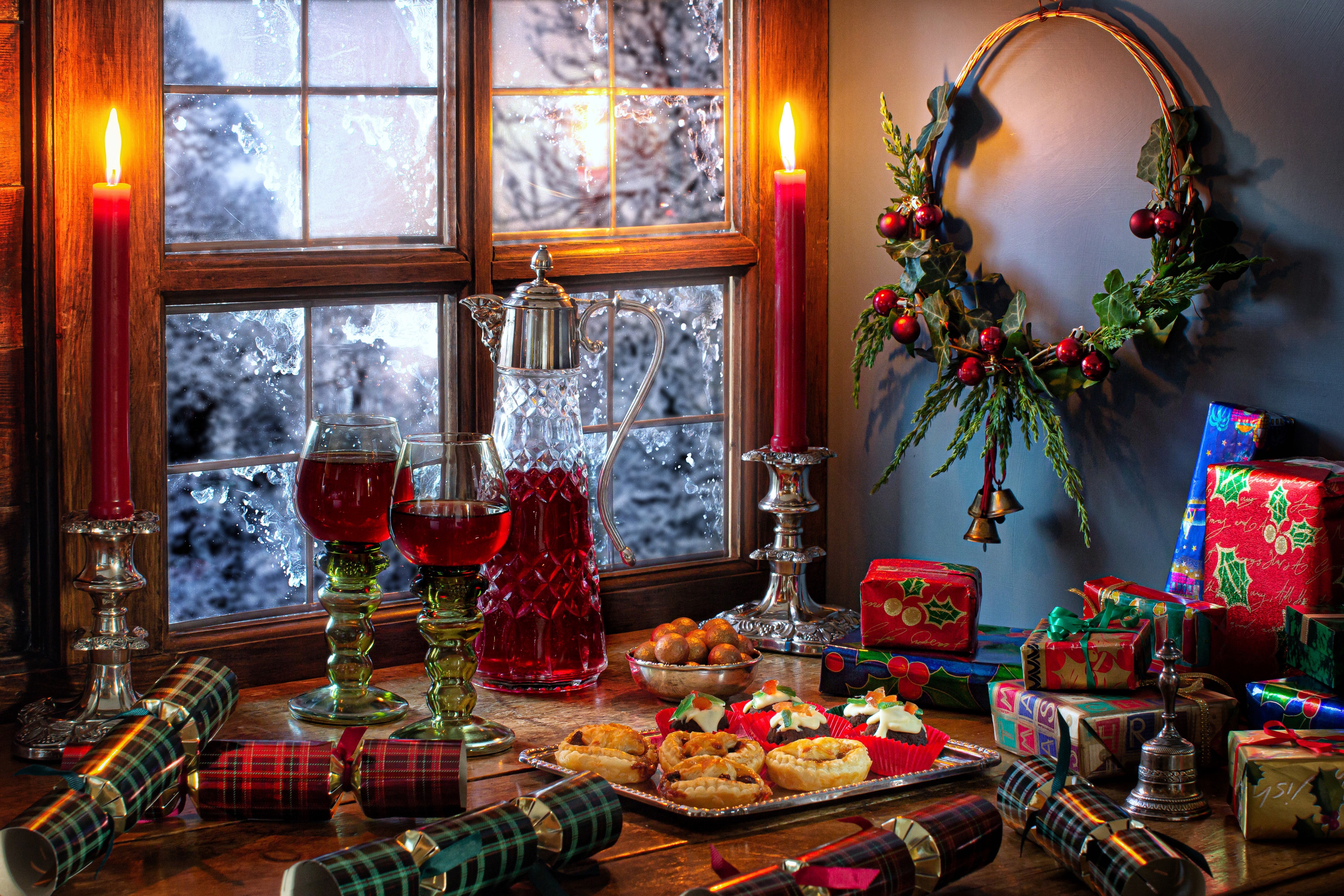Christmas still-life with candles, wine, and gifts HD Wallpaper