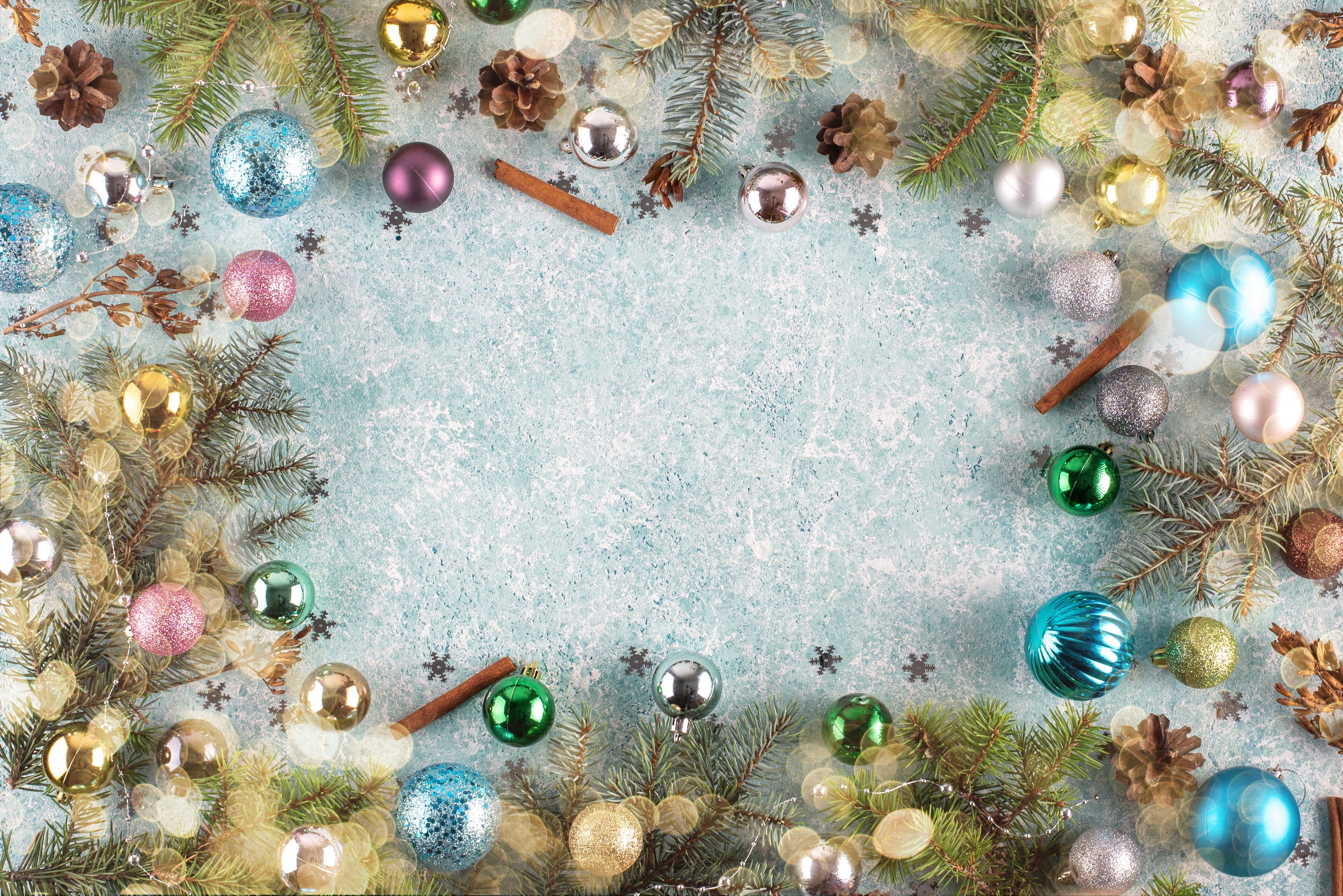 Christmas Branches Balls Pine Cone Template Greeting Card 4K HD Wallpaper