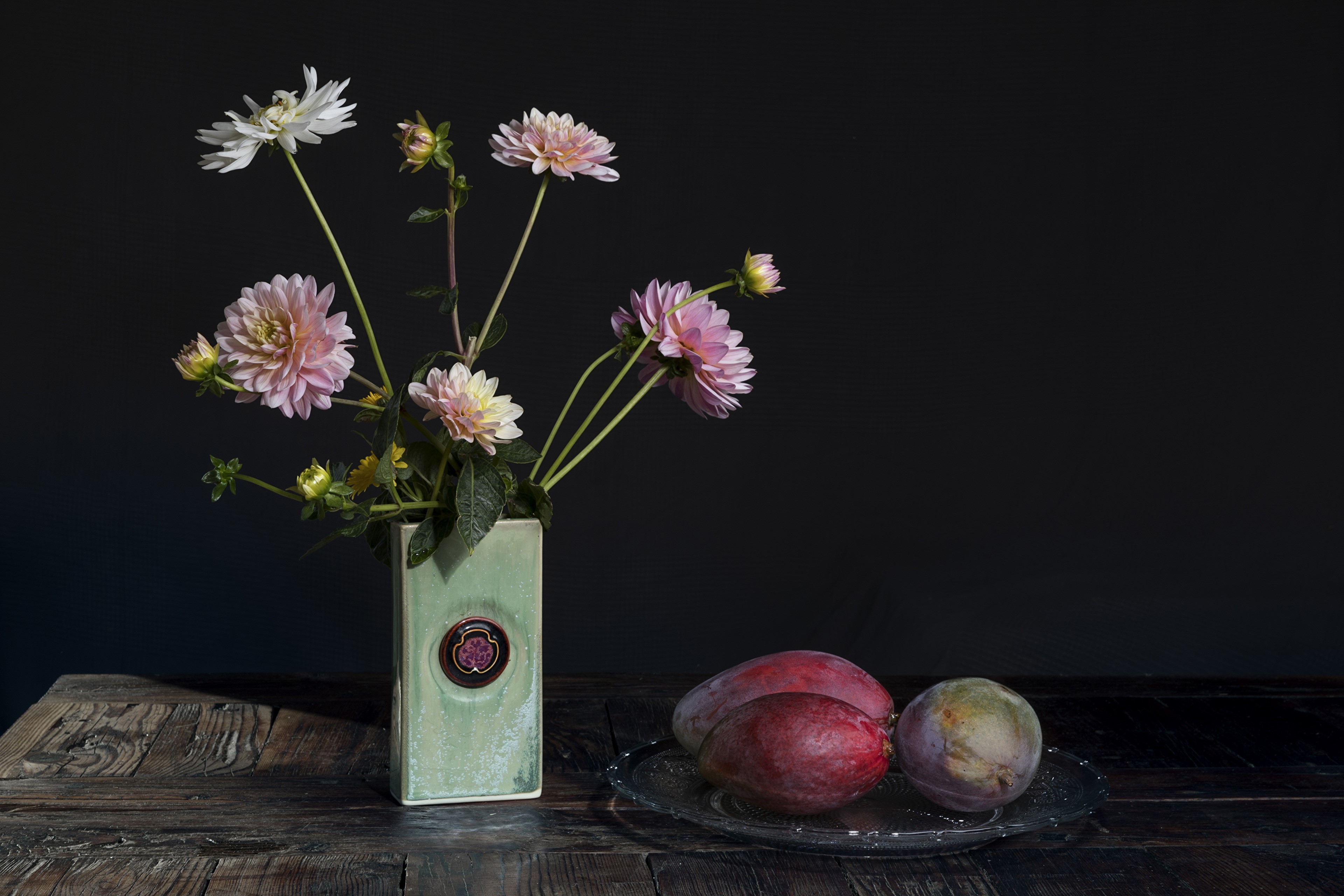 Still-life of Dahlias in a vase with fruit HD Wallpaper