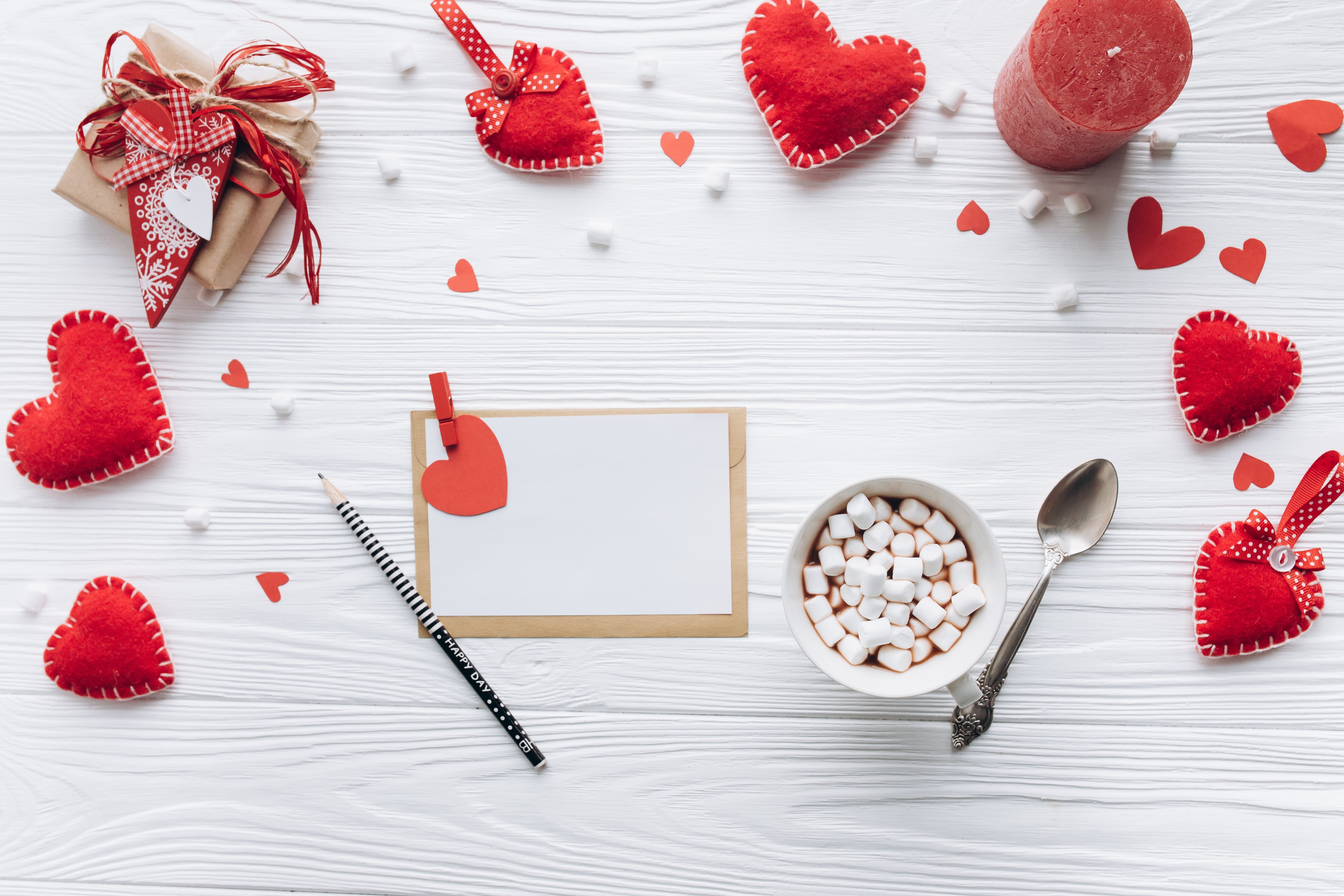 Valentine's Day flat lay with hearts, gift, and hot chocolate HD Wallpaper