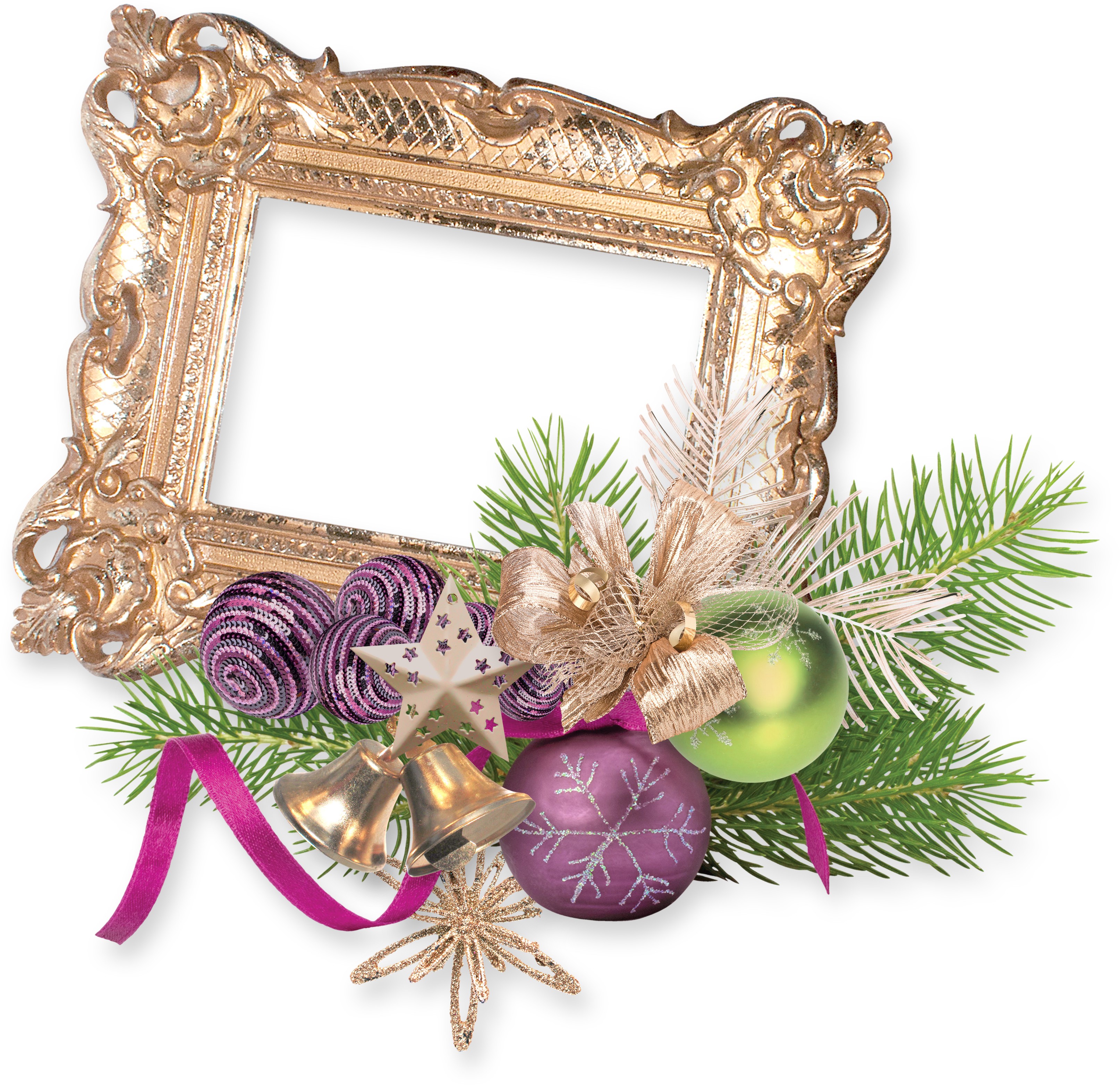 Ornate Gold Frame with Christmas Ornaments and Pine Branches HD Wallpaper