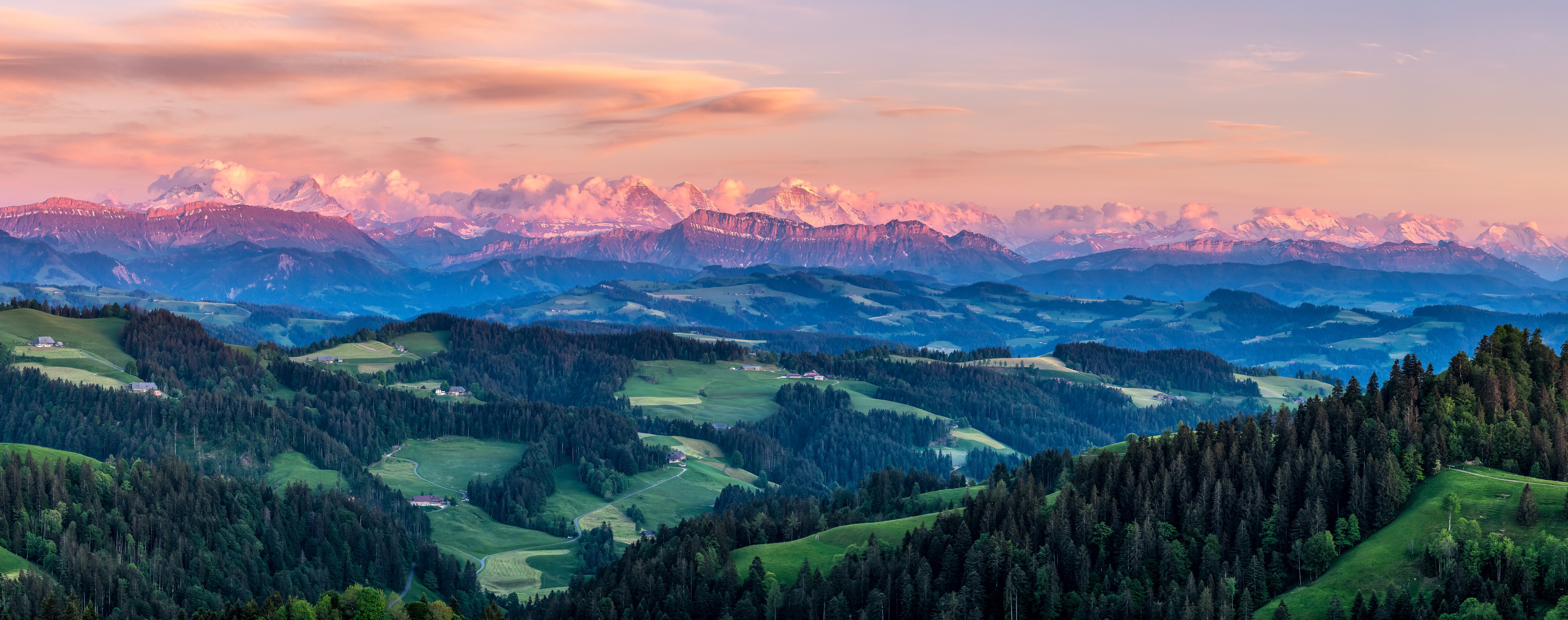 Panoramic view of the Swiss Alps at sunset HD Wallpaper
