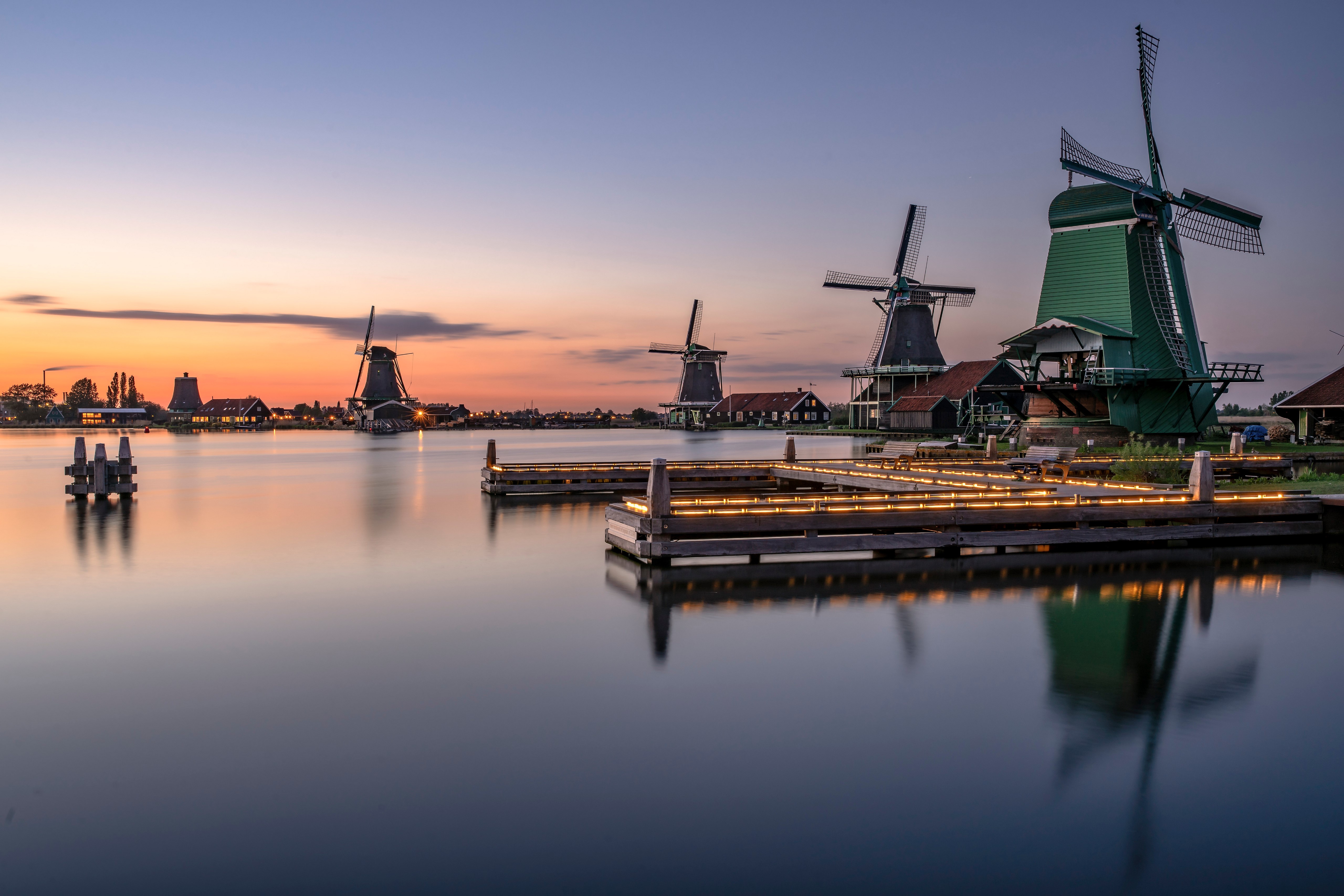 Zaanse Schans windmills at dusk, Netherlands HD Wallpaper