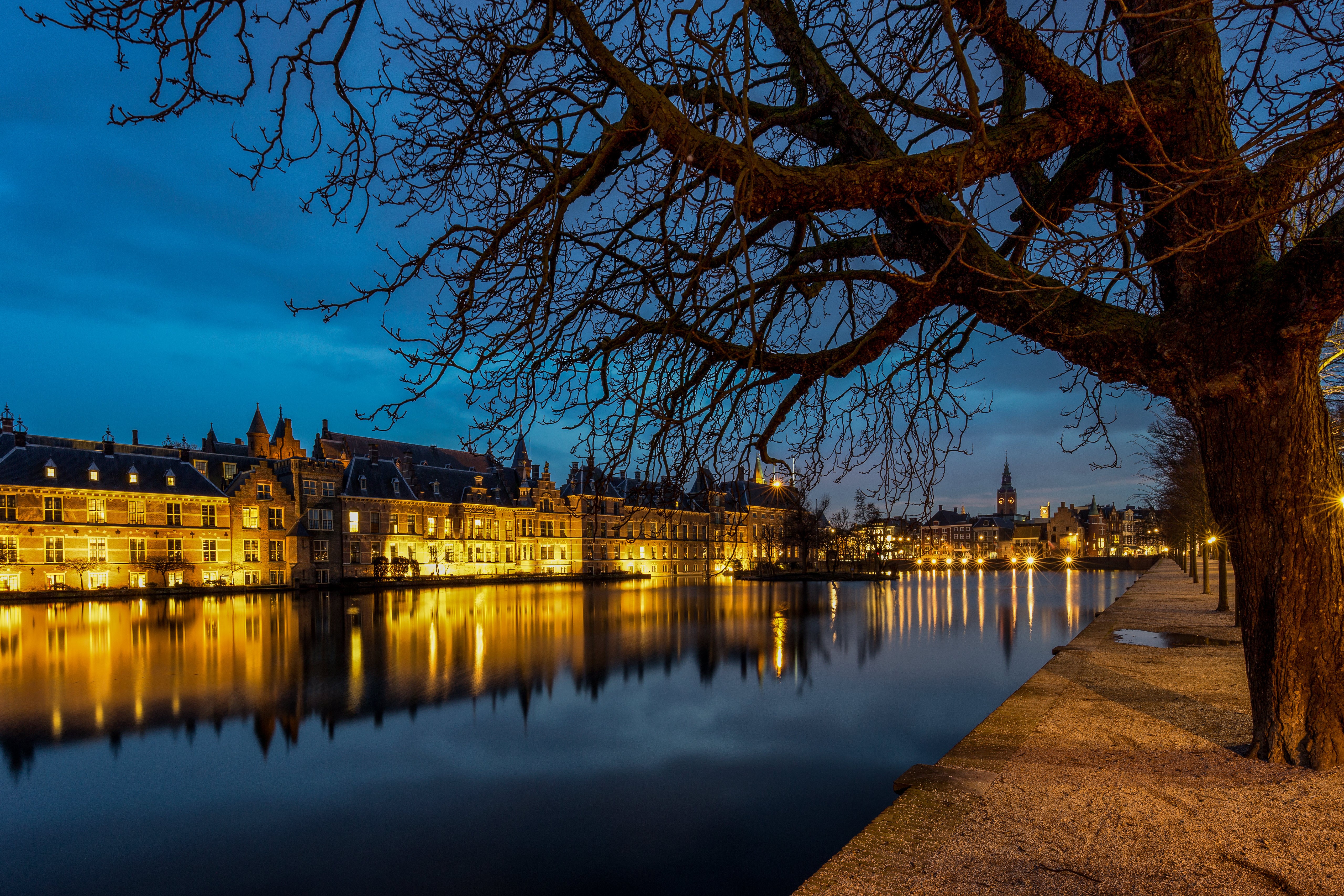 The Hague, Netherlands at dusk with Hofvijver pond HD Wallpaper
