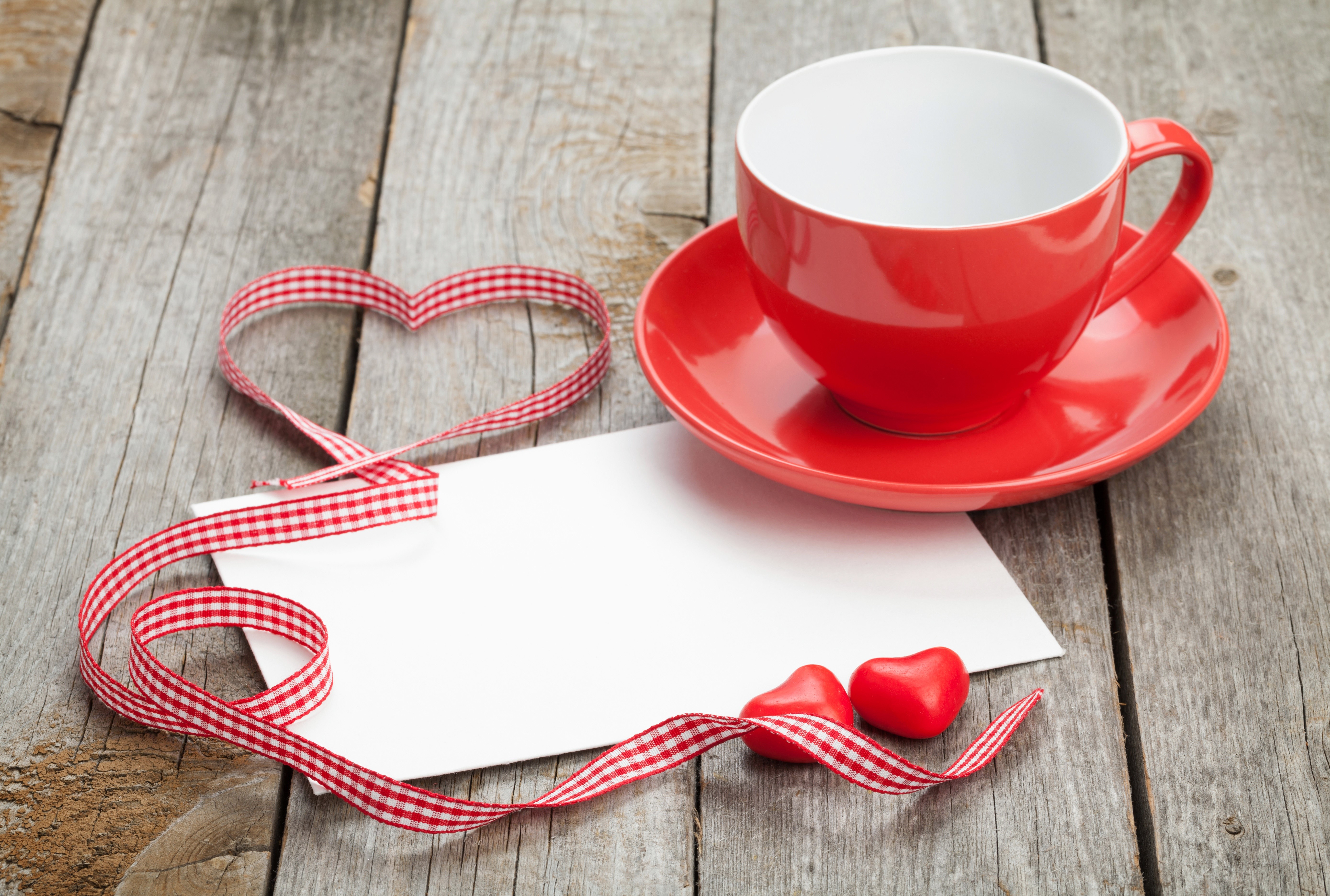 Valentine's Day Cup with Heart Ribbon and Note HD Wallpaper