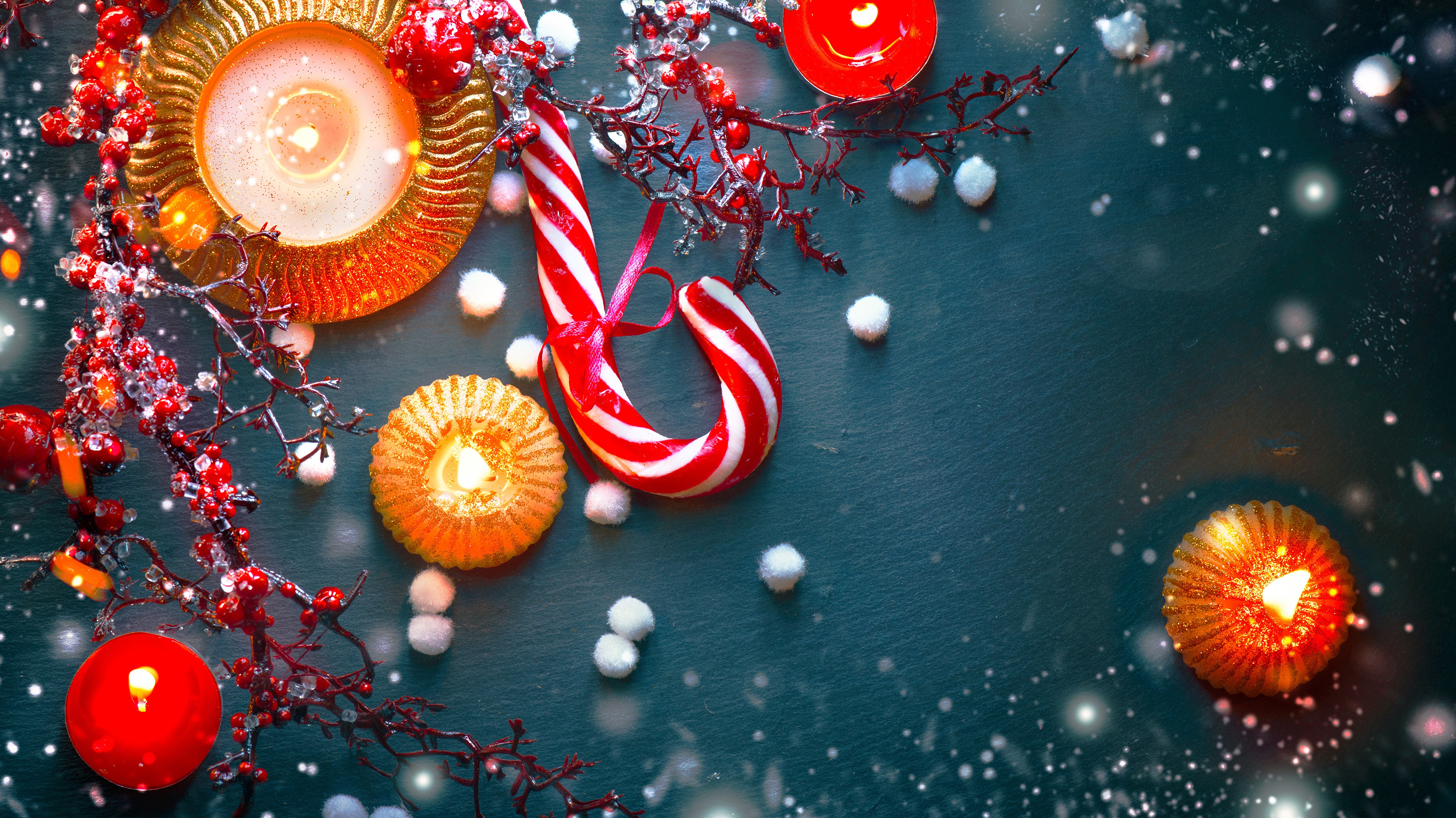 Christmas Candles, Candy Cane, and Berries HD Wallpaper