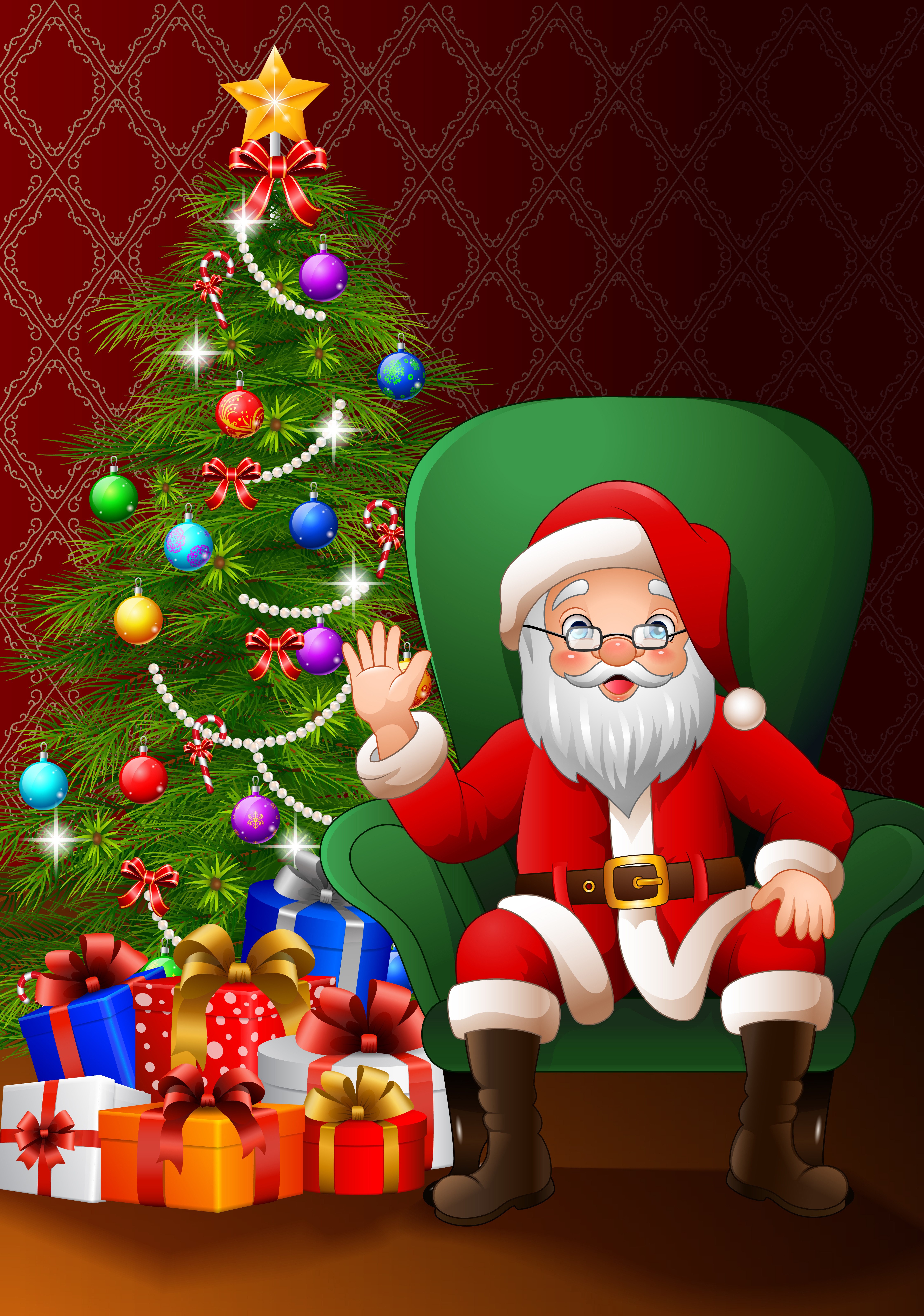 Santa Claus sitting in armchair by Christmas tree with gifts HD Phone Wallpaper