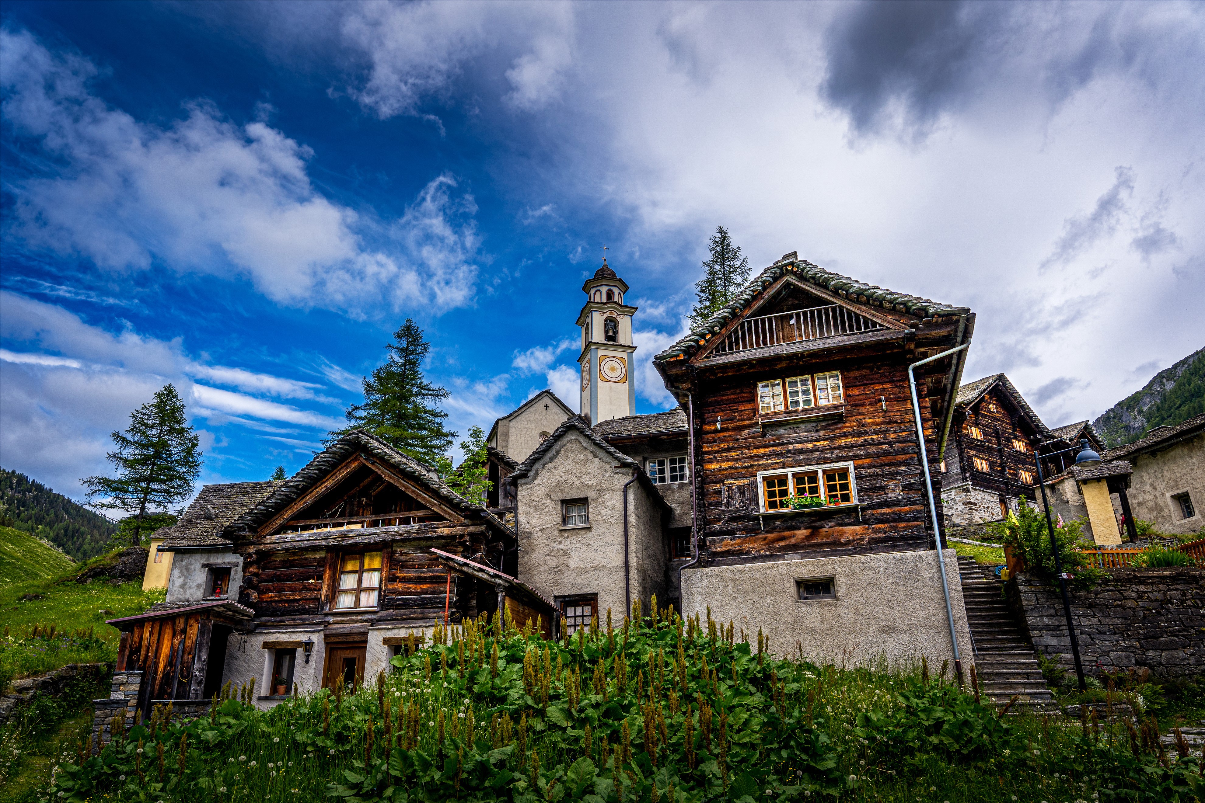 Bosco Gurin Village with Church Tower, Switzerland HD Wallpaper