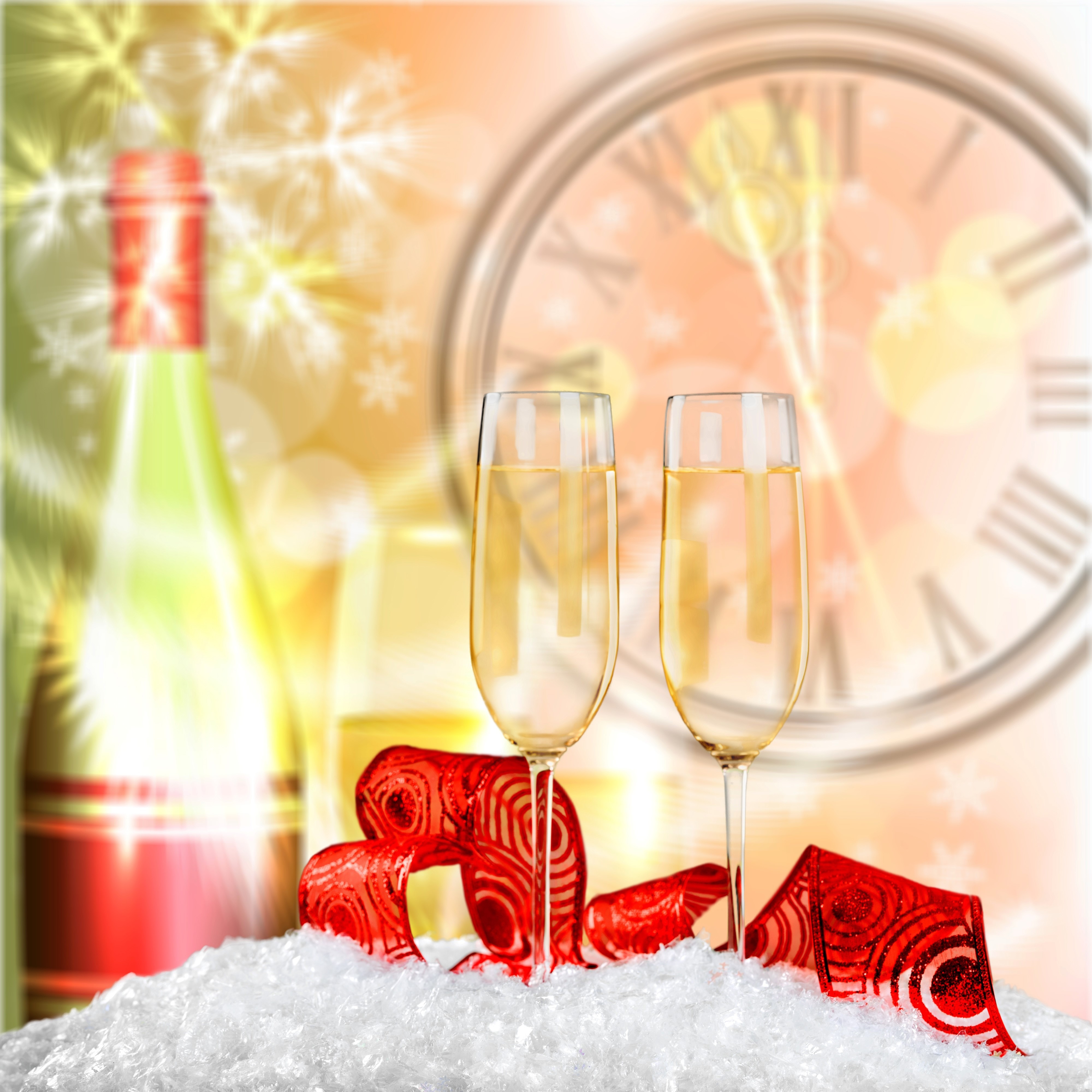 Champagne bottle and glasses with clock HD Wallpaper