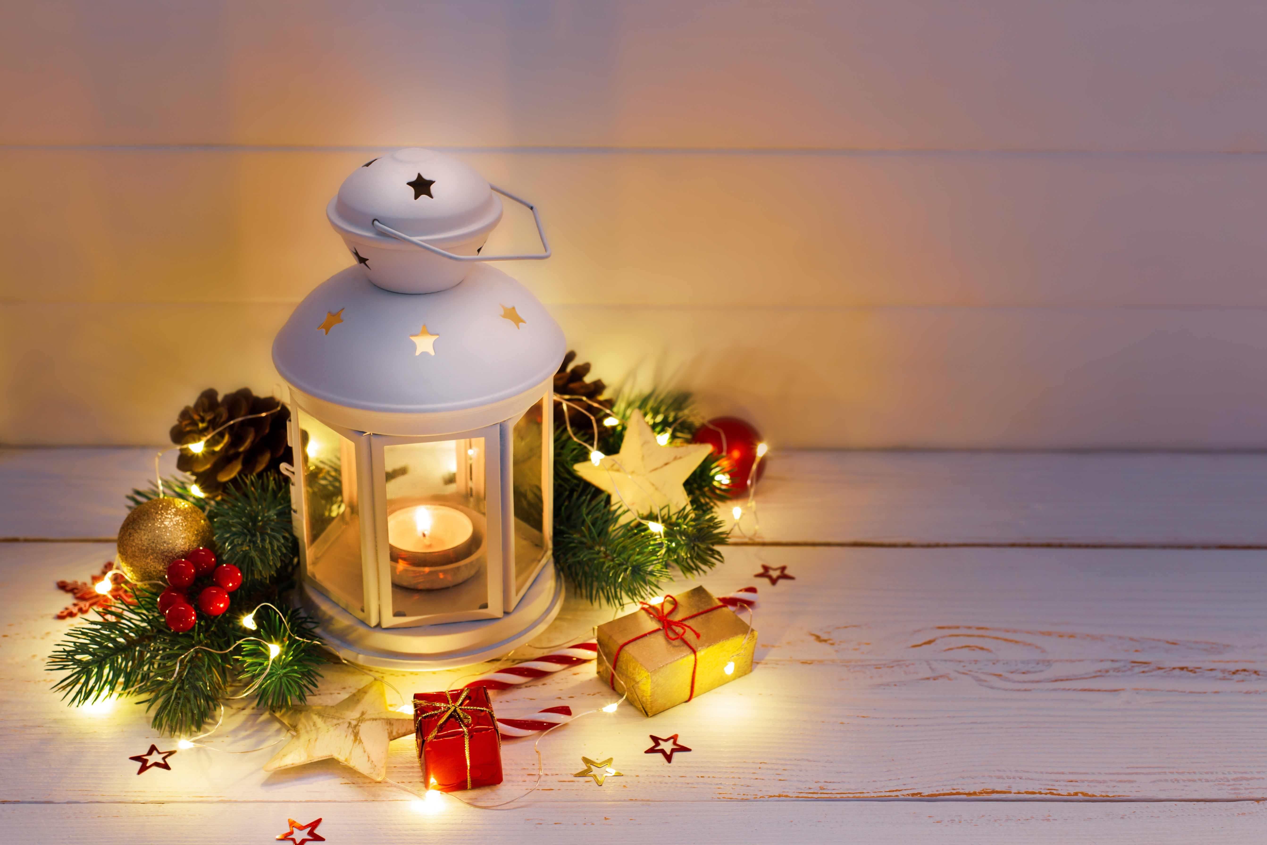 Christmas lantern with candle and decorations HD Wallpaper