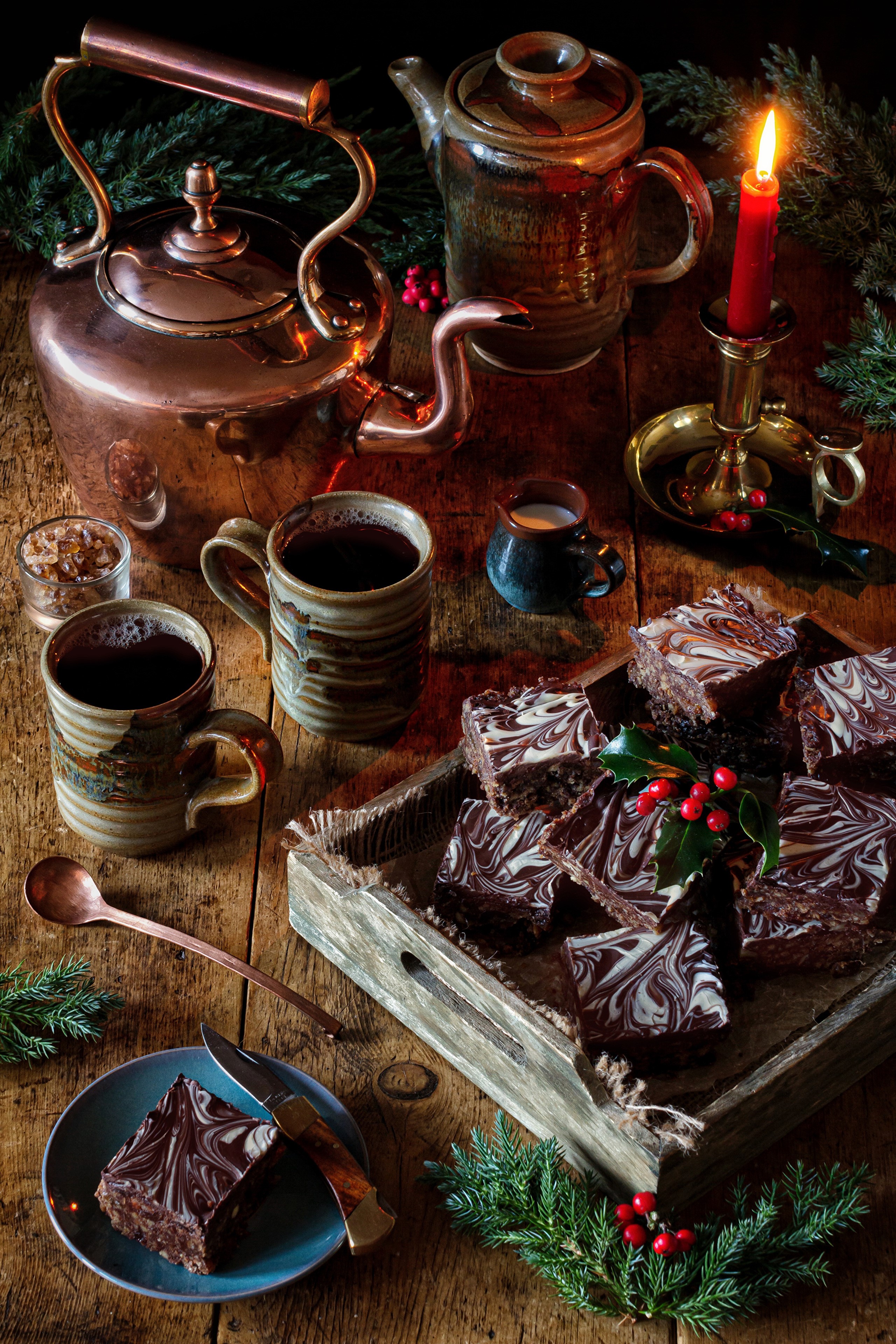Christmas still-life with coffee, brownies, and a candle HD Phone Wallpaper