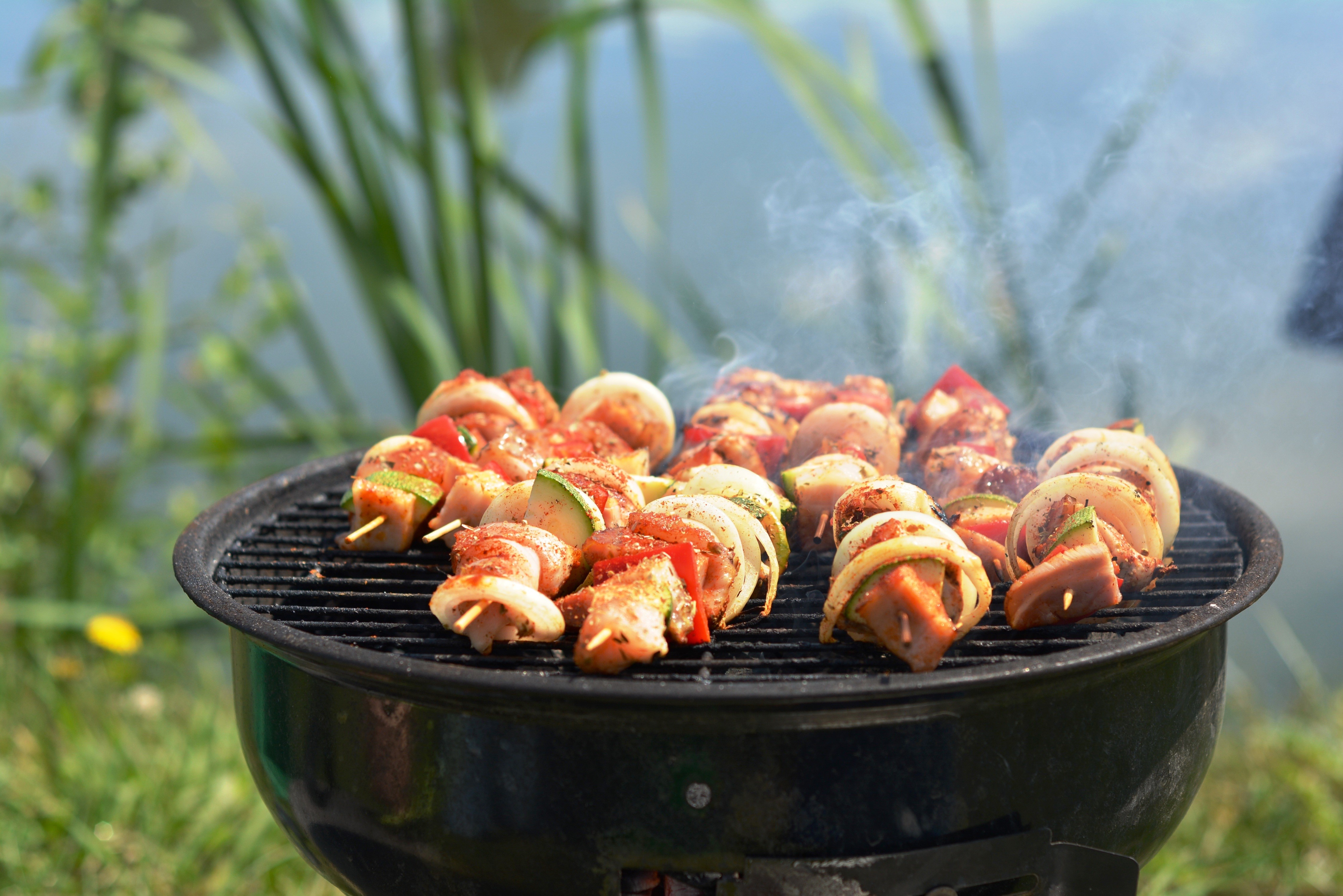 Shashlik cooking on a grill by the water HD Wallpaper