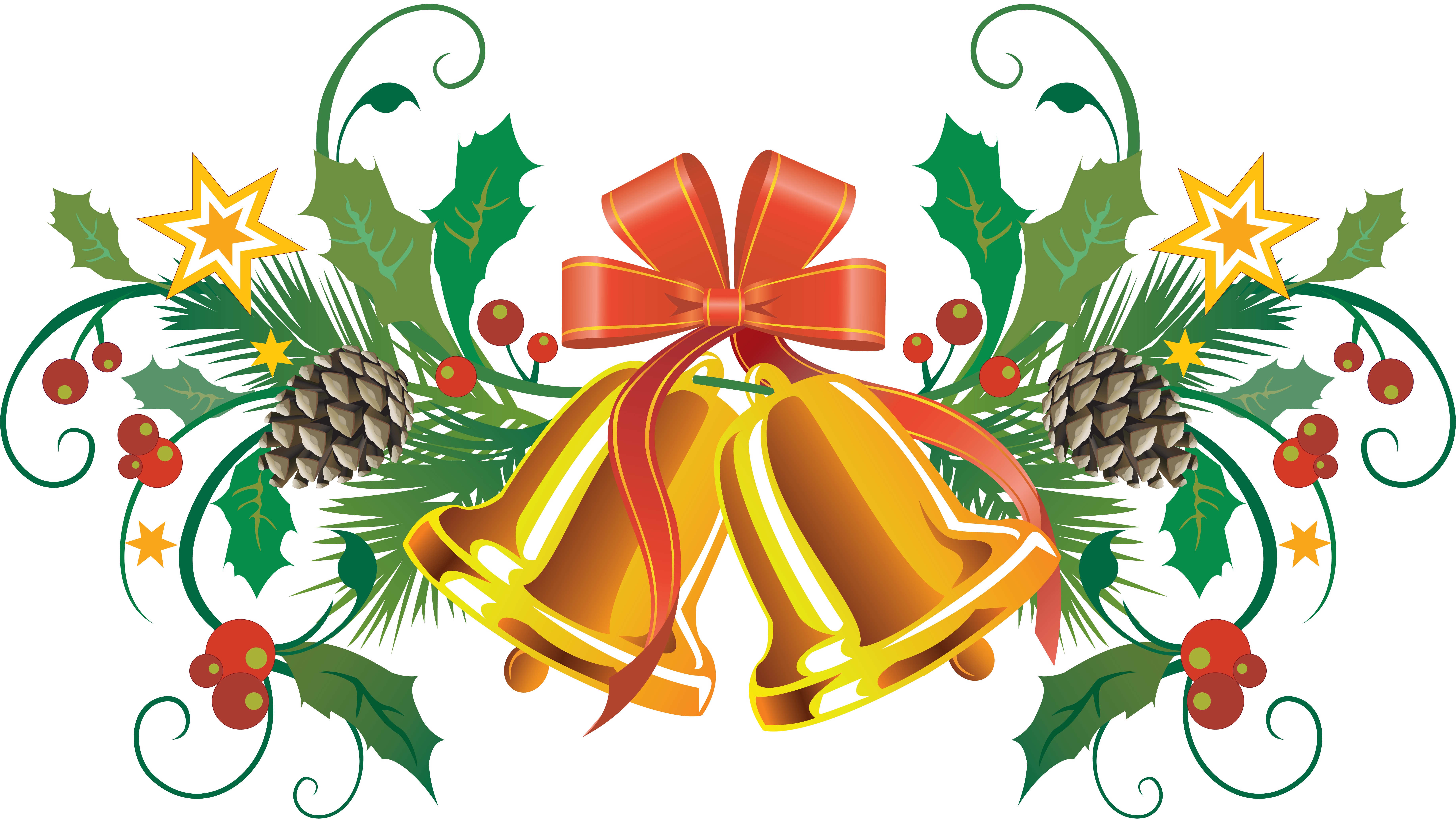 Christmas Bells with Holly and Pine Cones HD Wallpaper