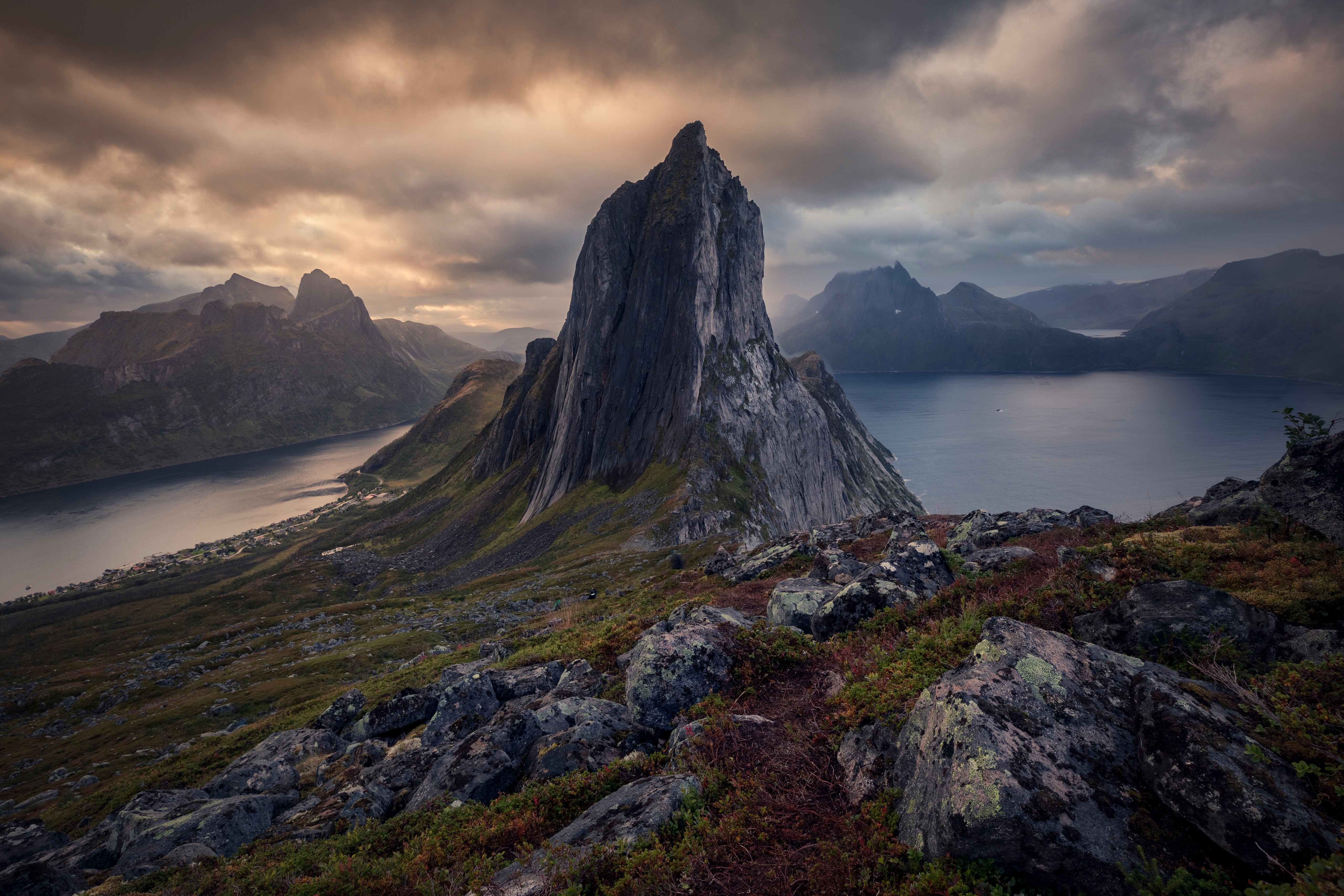 4K Senja Norway Mountains Crag Clouds HD Wallpaper