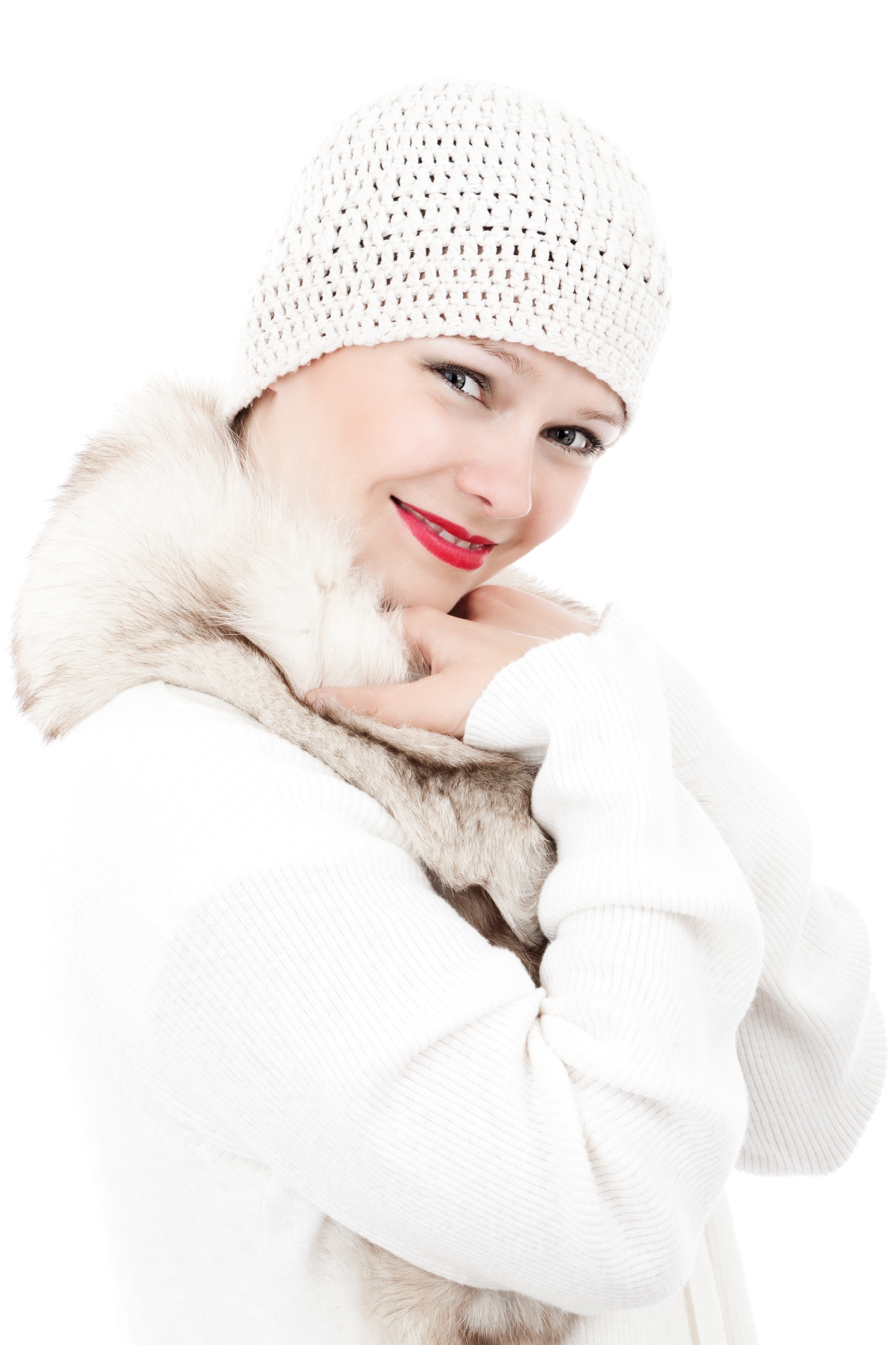 Woman in white sweater and winter hat HD Phone Wallpaper
