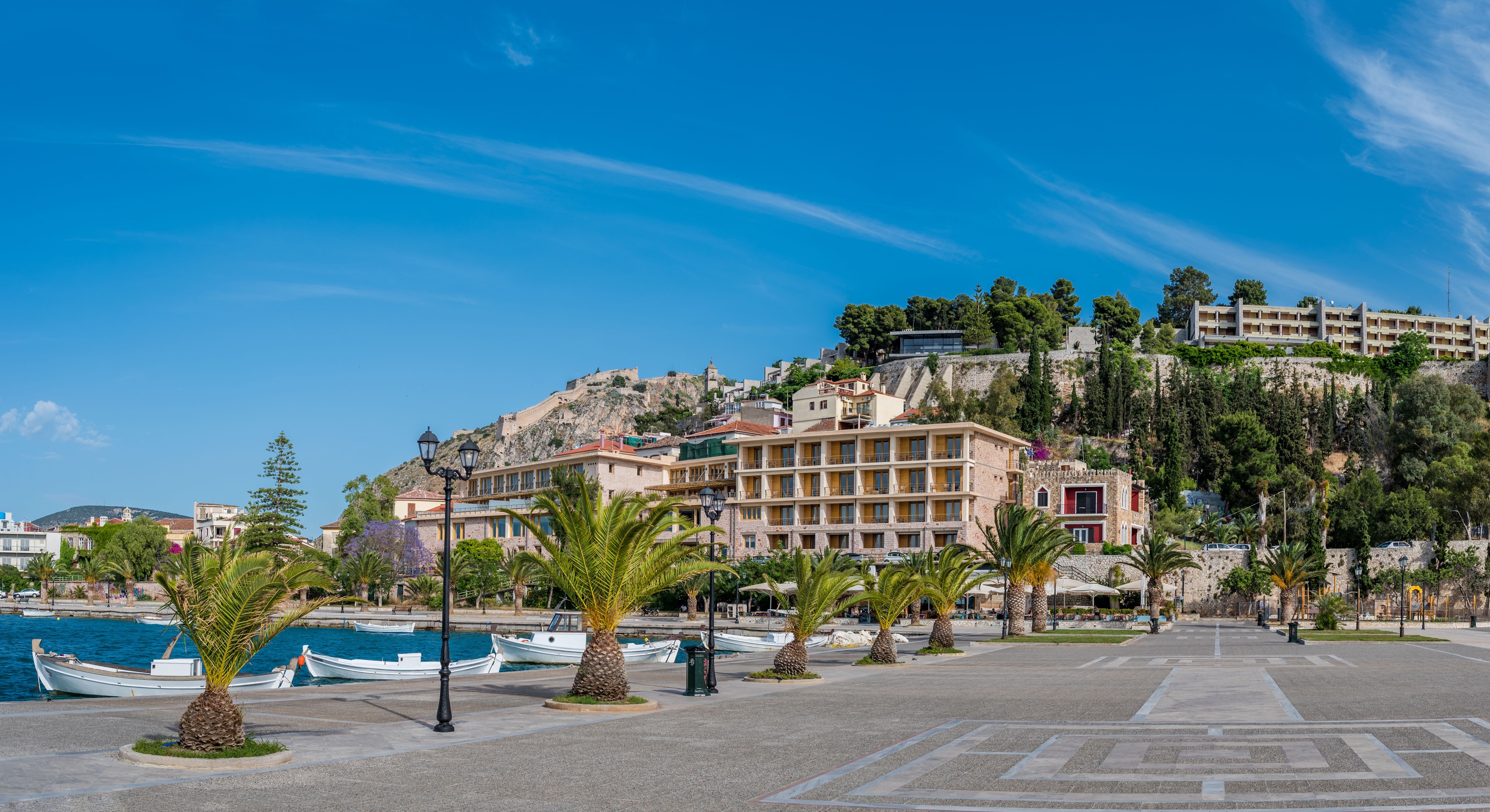 Nafplio, Greece waterfront with Acronauplia fortress and palm trees HD Wallpaper