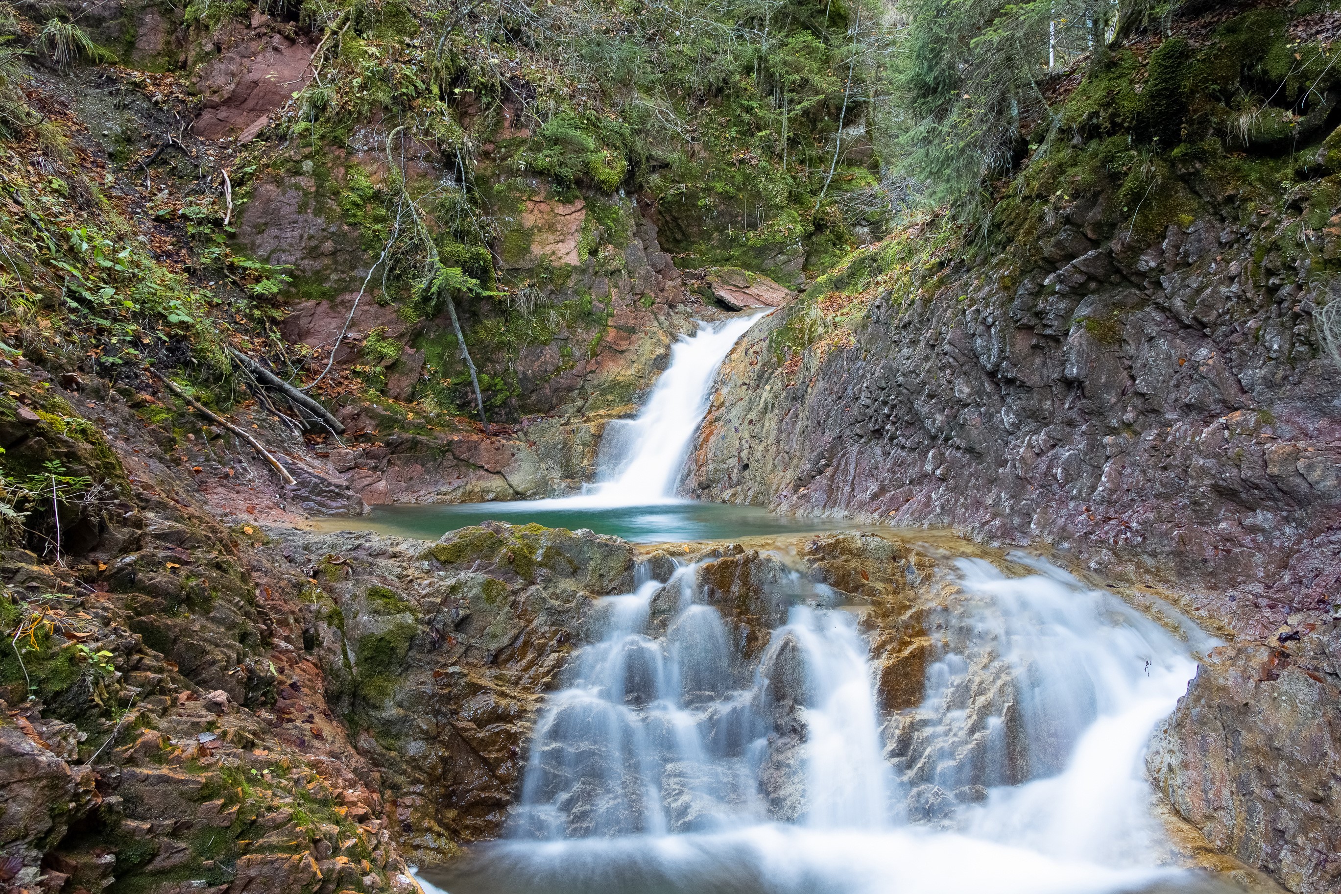 Waterfalls in a forest in Bavaria, Germany HD Wallpaper