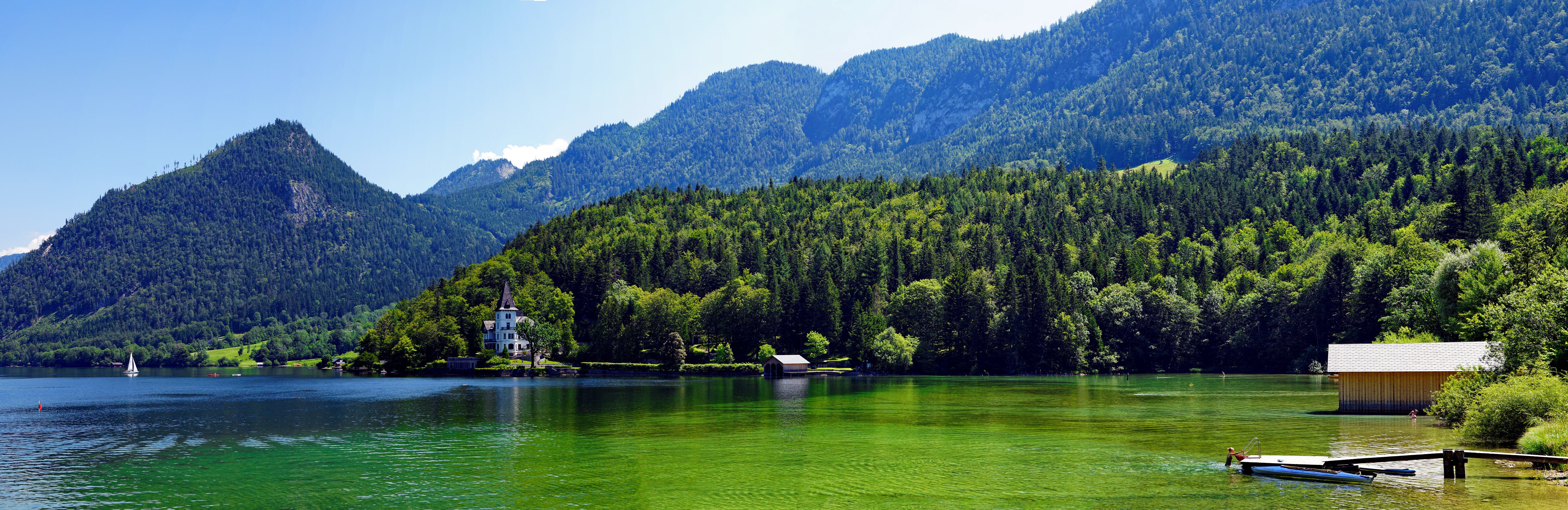 Grundlsee Lake and Alpine Mountains Panorama HD Wallpaper
