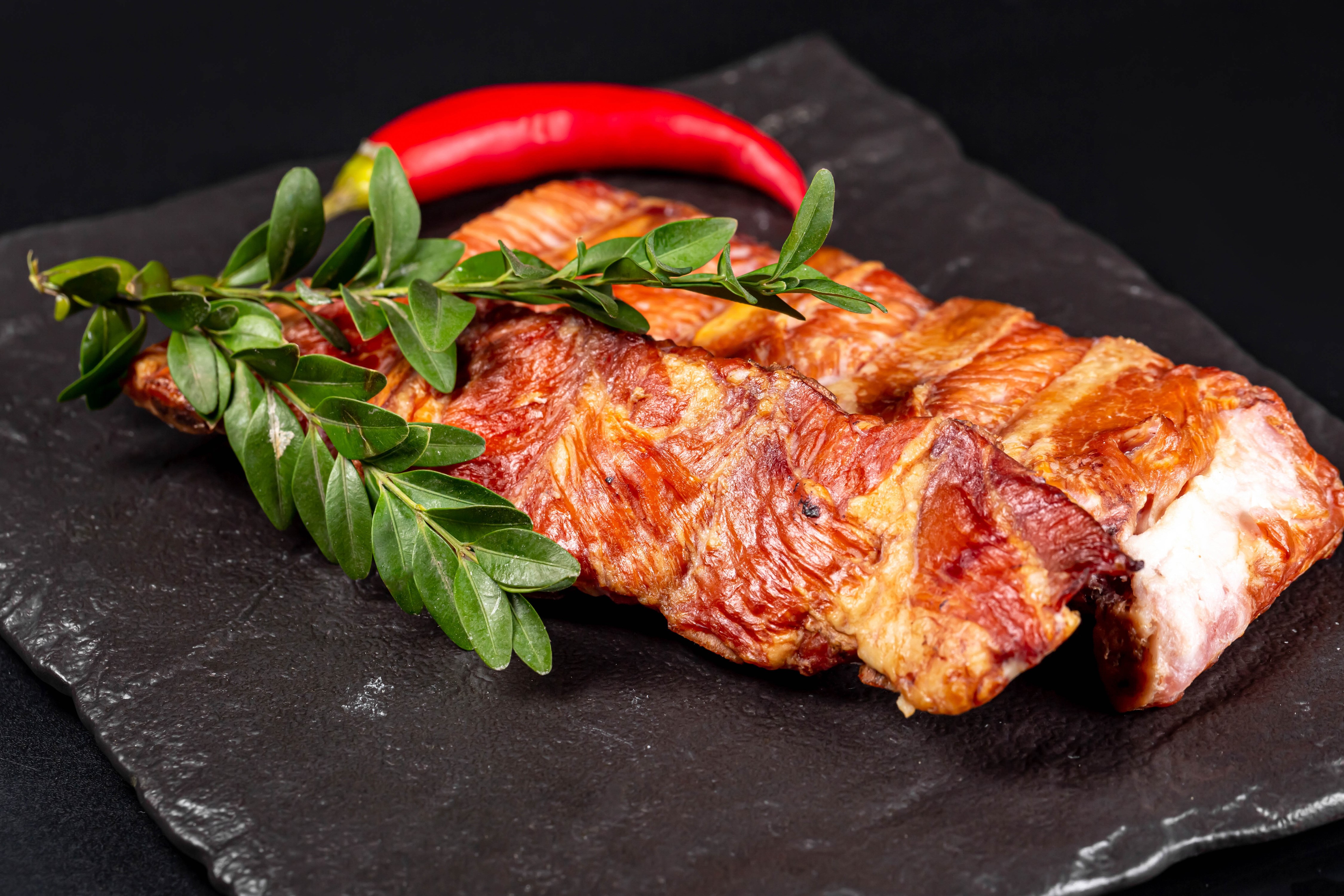 Smoked Ribs with Chili Pepper and Greens on Stone HD Wallpaper