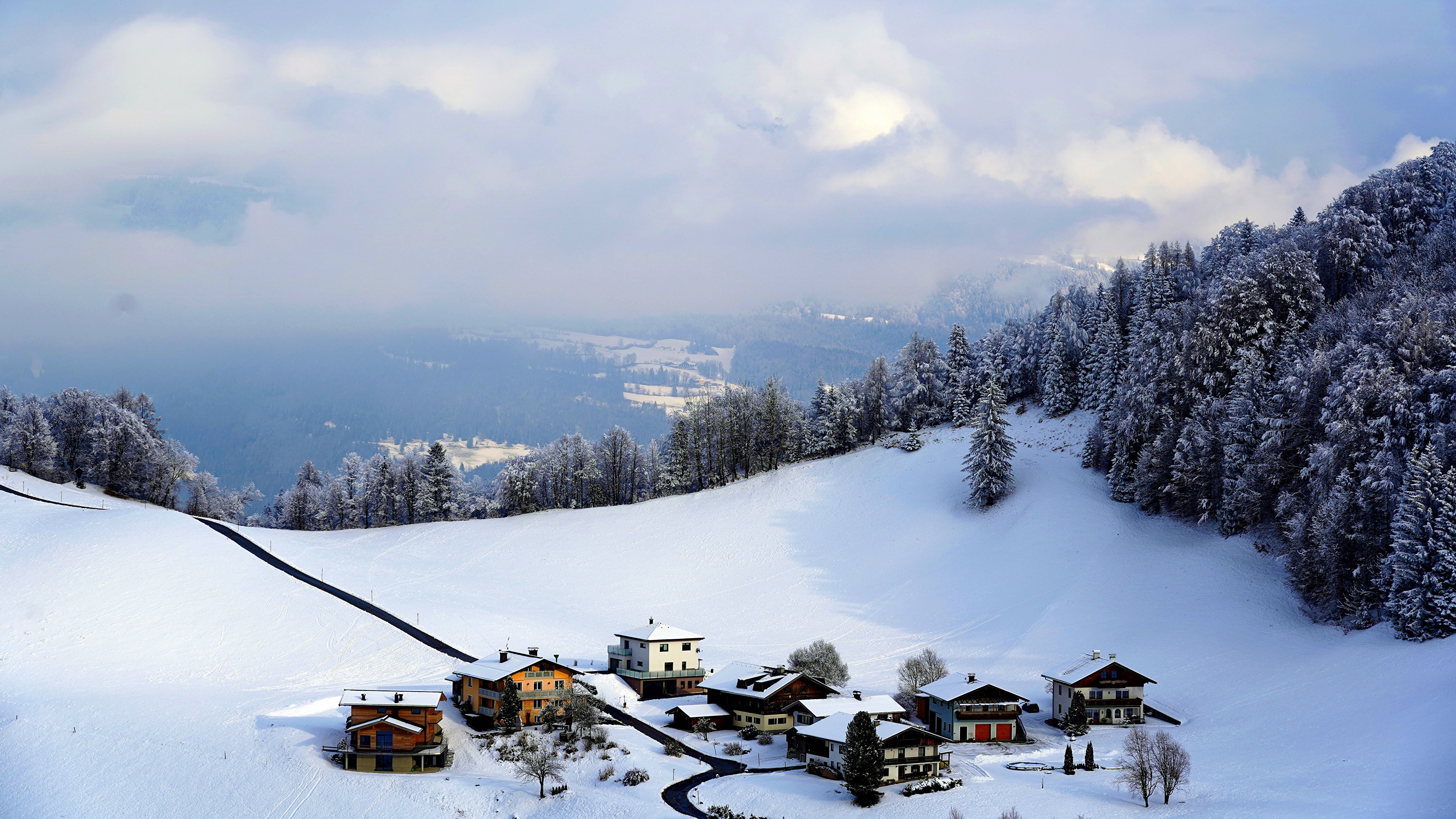 4K Austria Village in Alps Mountains Winter Snow HD Wallpaper