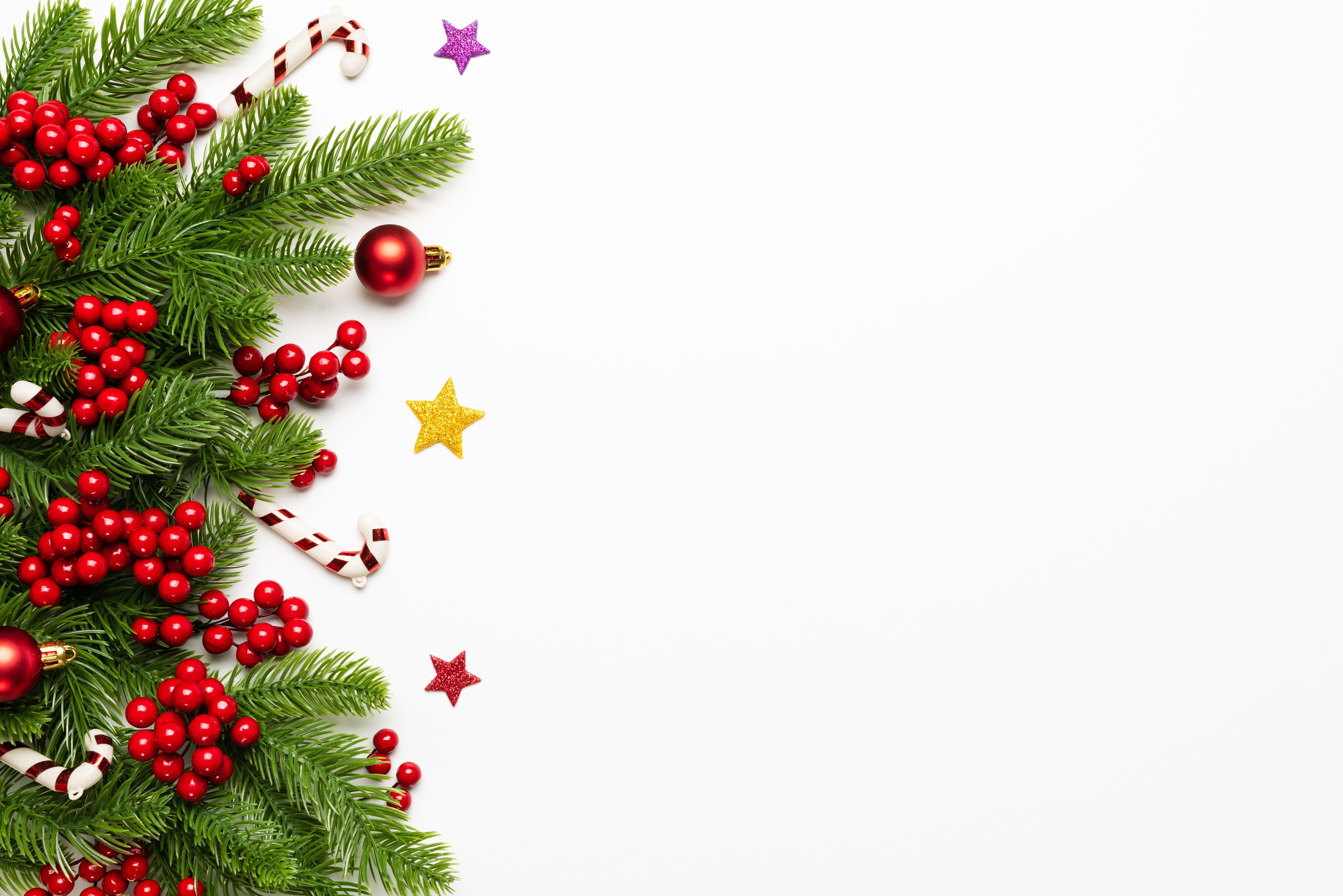 Christmas branches with berries and ornaments on white background HD Wallpaper