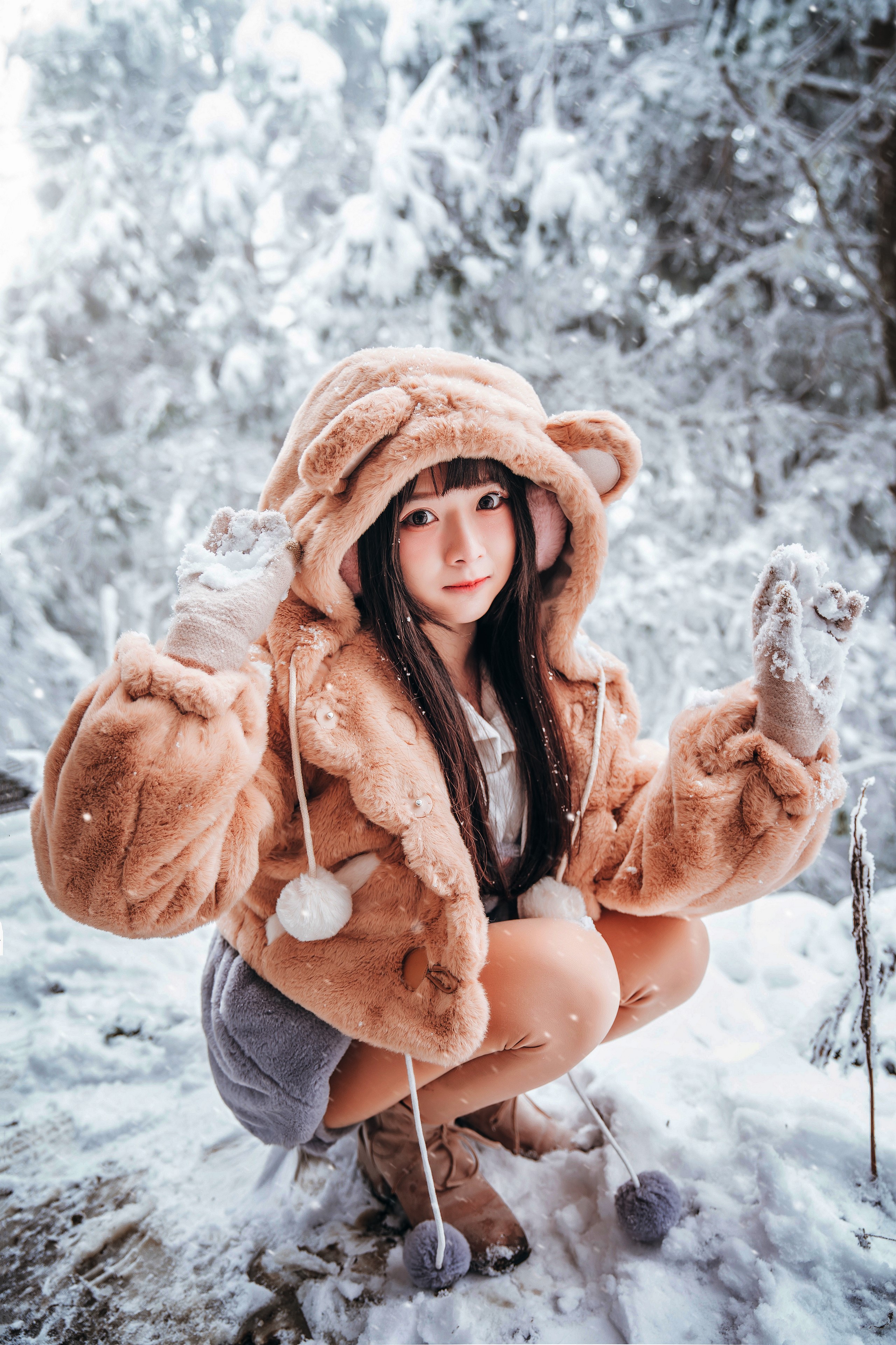 Asian girl in fur coat in snow HD Phone Wallpaper