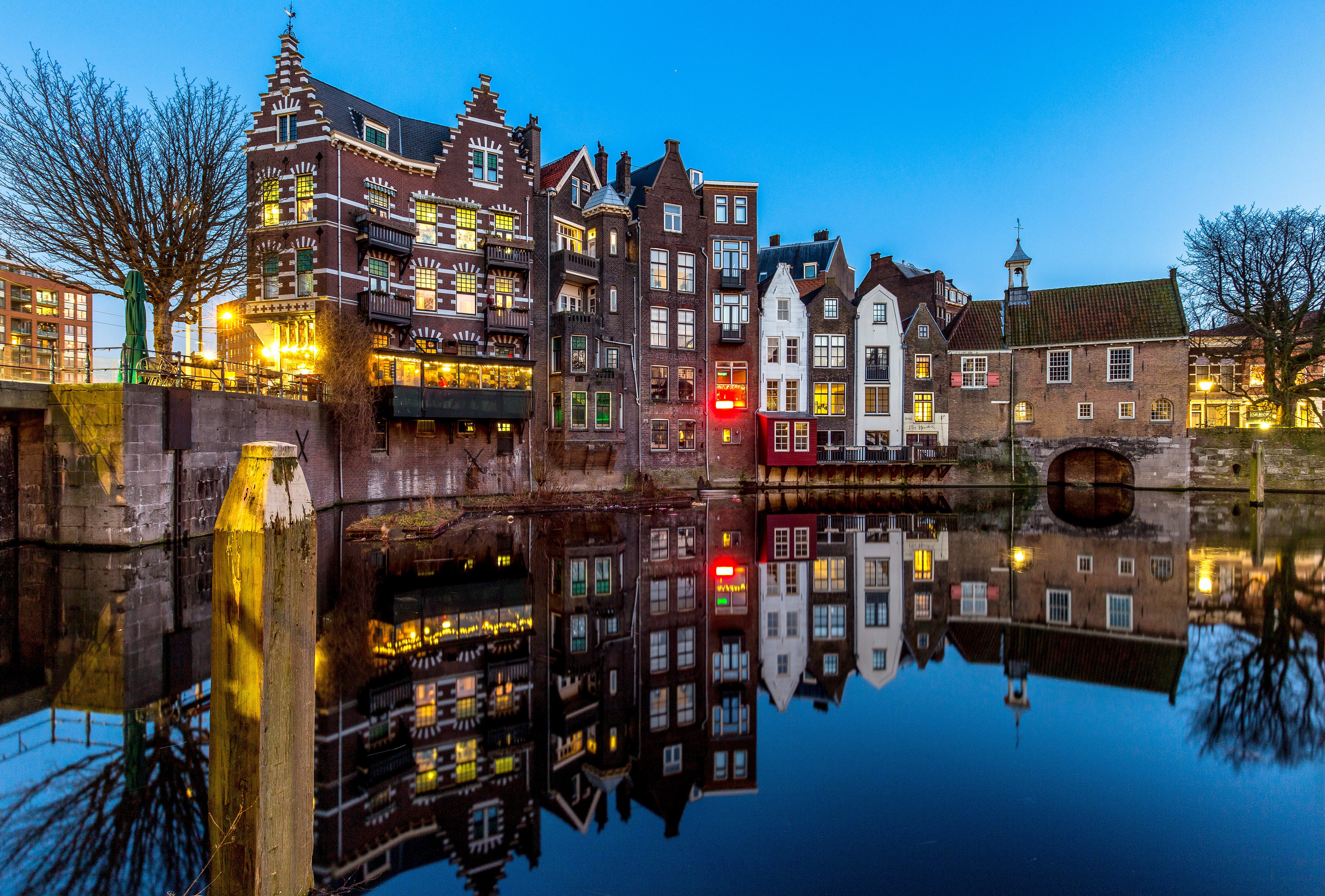 Delfshaven Rotterdam Houses Reflection at Dusk HD Wallpaper
