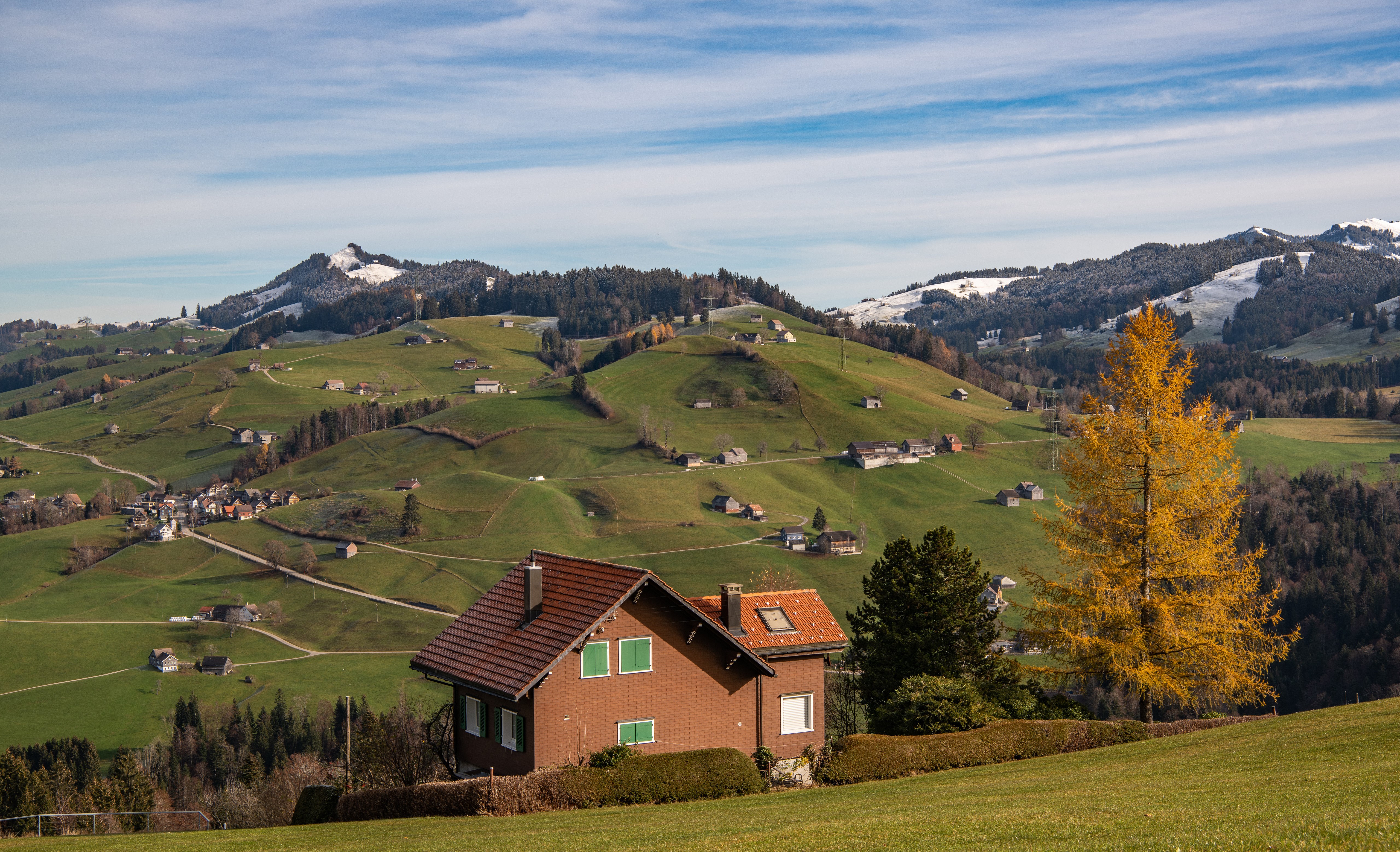 Autumn in Toggenburg, Switzerland with Alps and Houses HD Wallpaper