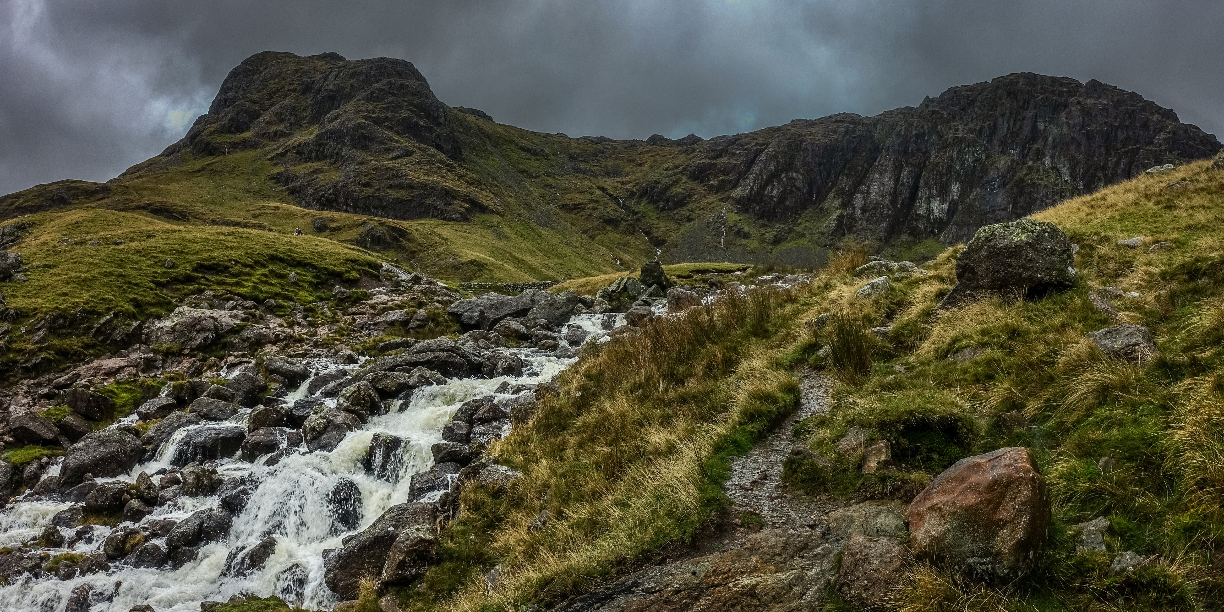 Lake District Mountains with River and Stones HD Wallpaper