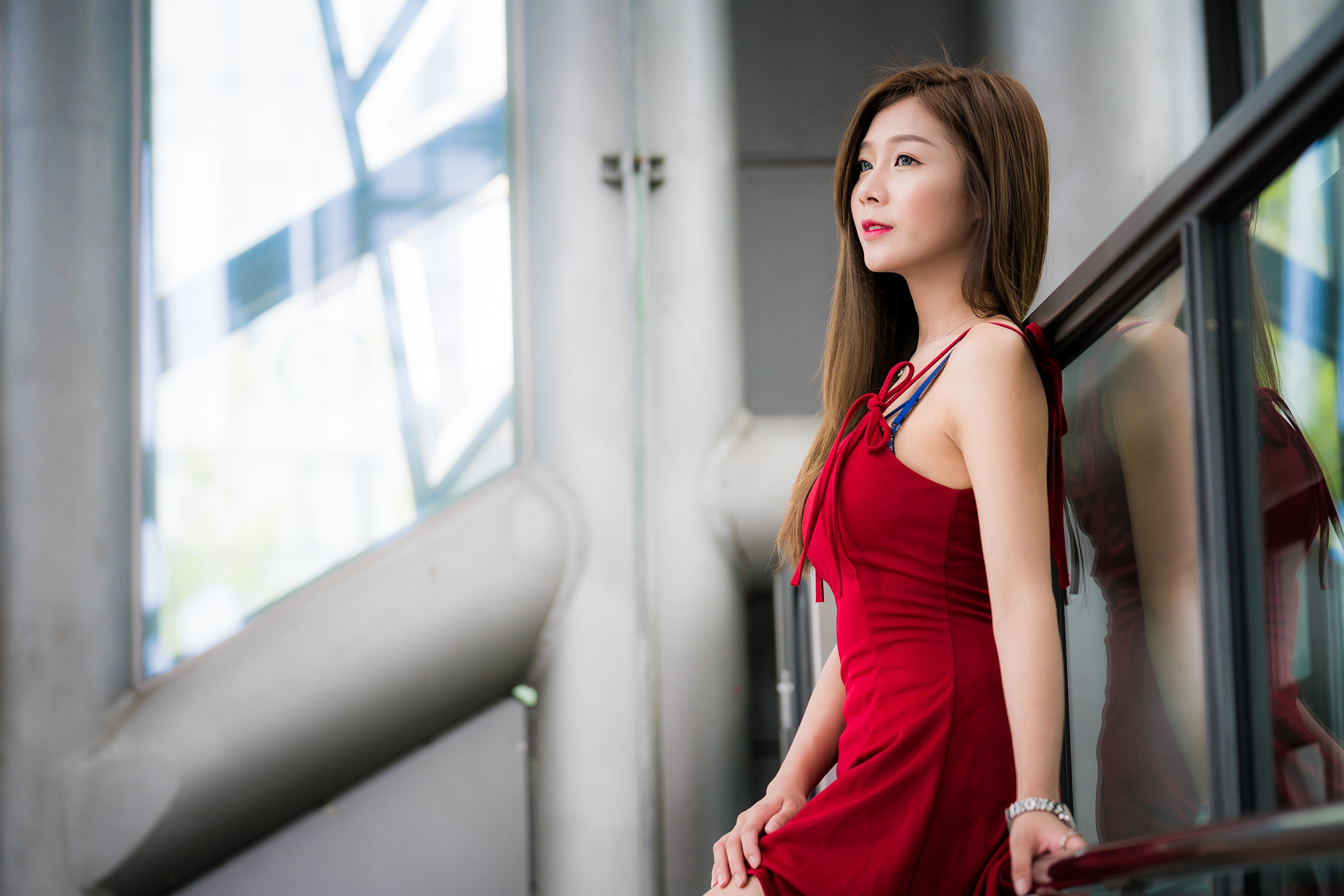 4K Asian Woman in Elegant Red Dress HD Wallpaper