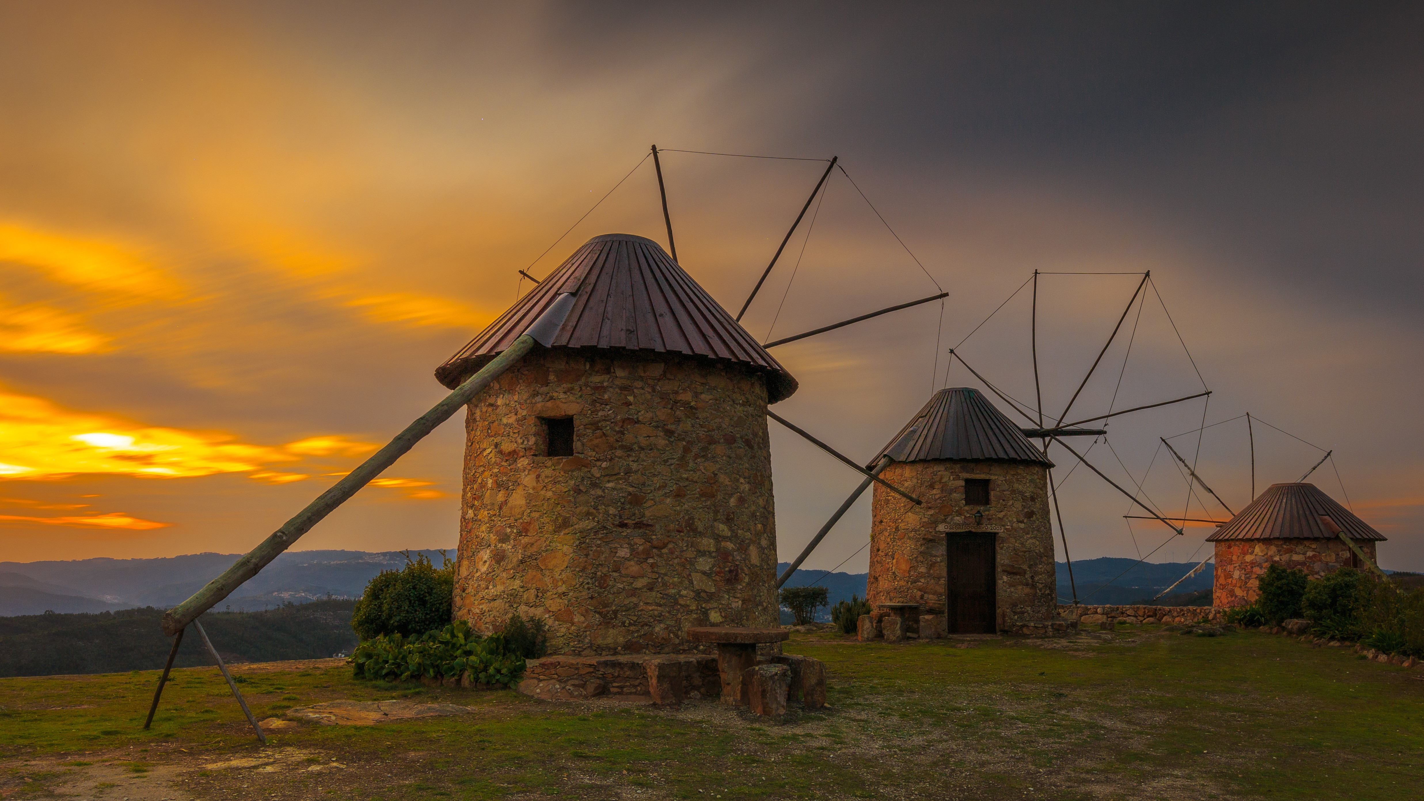 Windmills in Coimbra, Portugal at Sunset HD Wallpaper