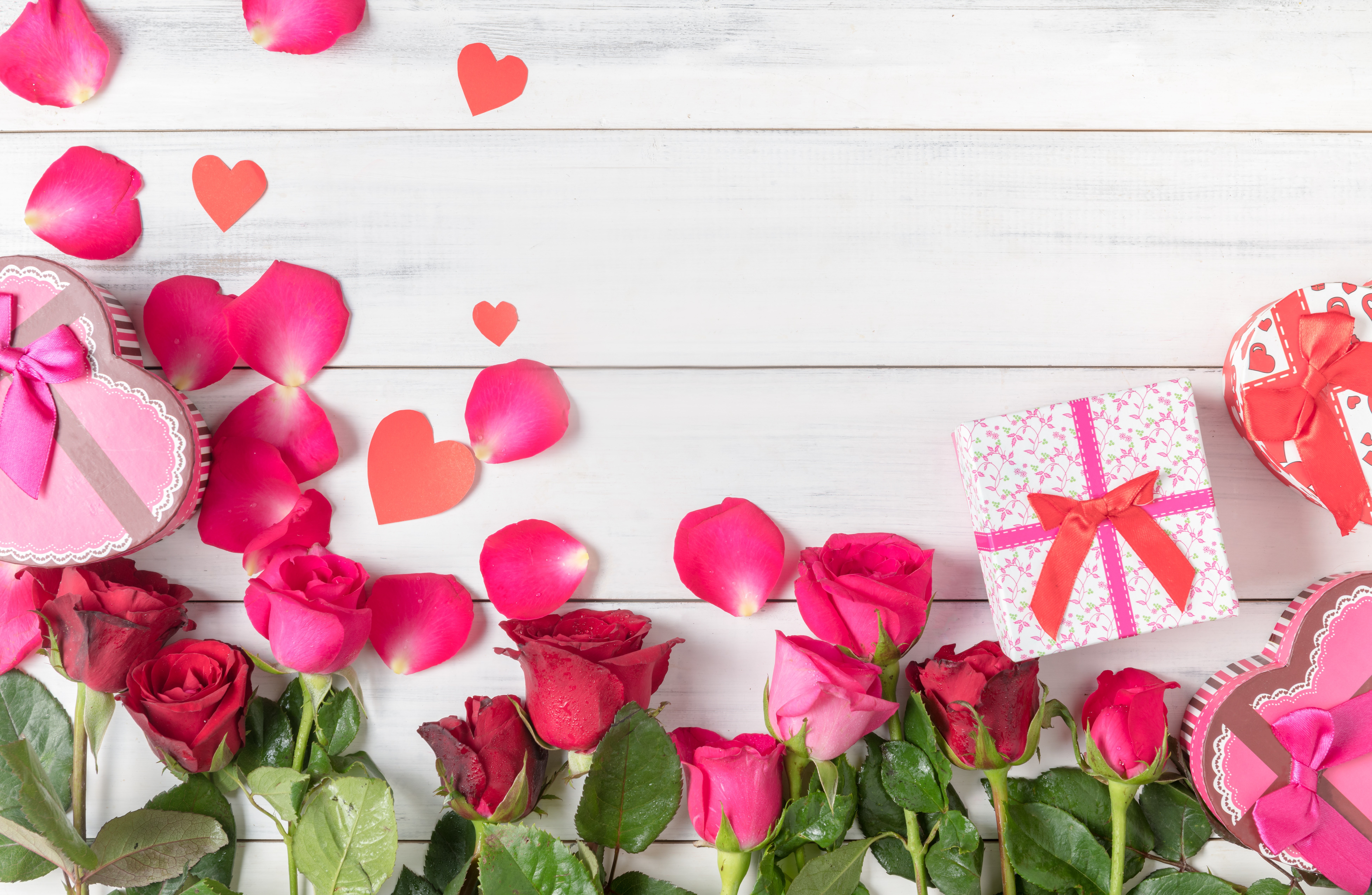 Roses, Petals, and Gifts on Wood Planks HD Wallpaper