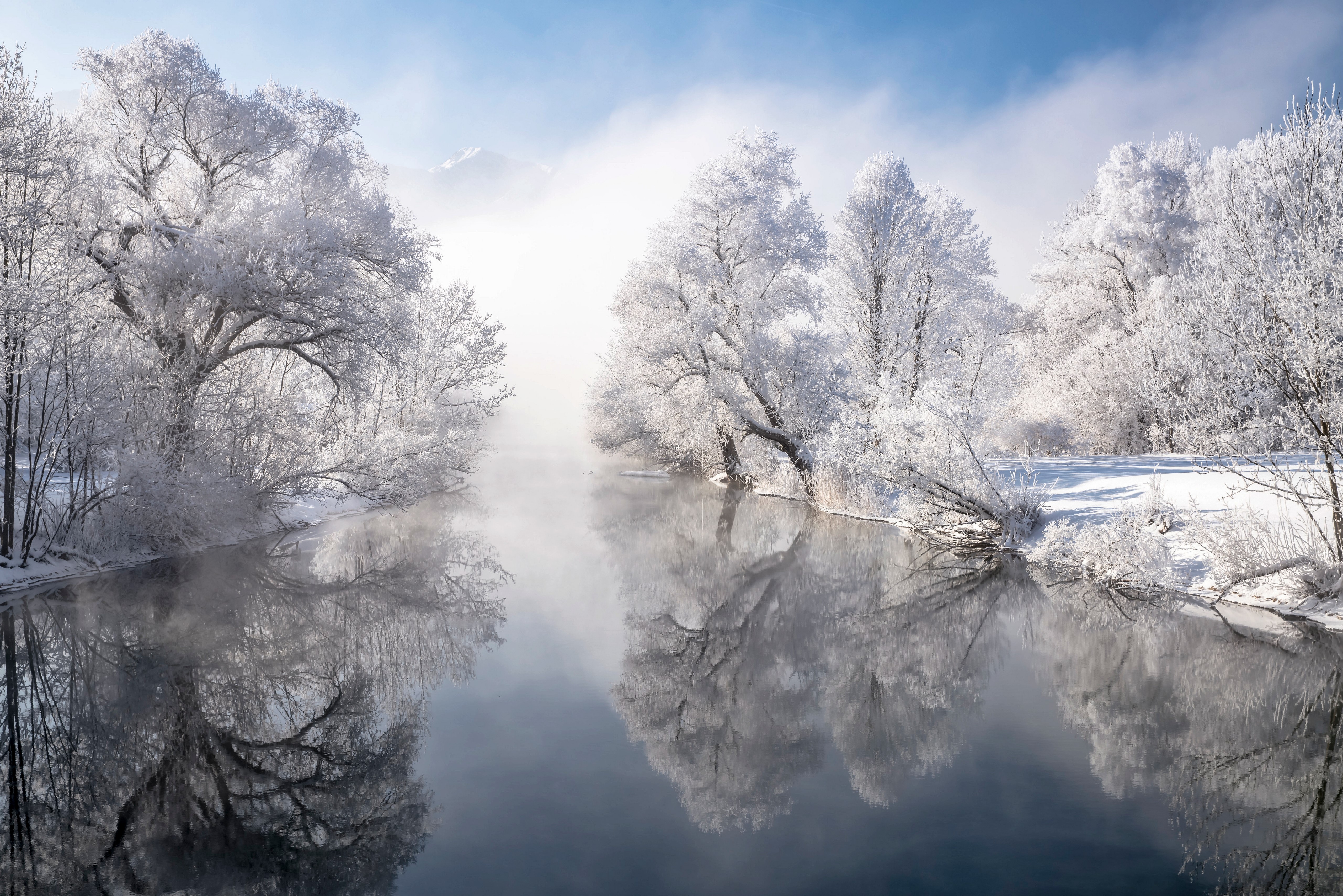 Winter river with frosted trees and reflections in Bavaria, Germany HD Wallpaper