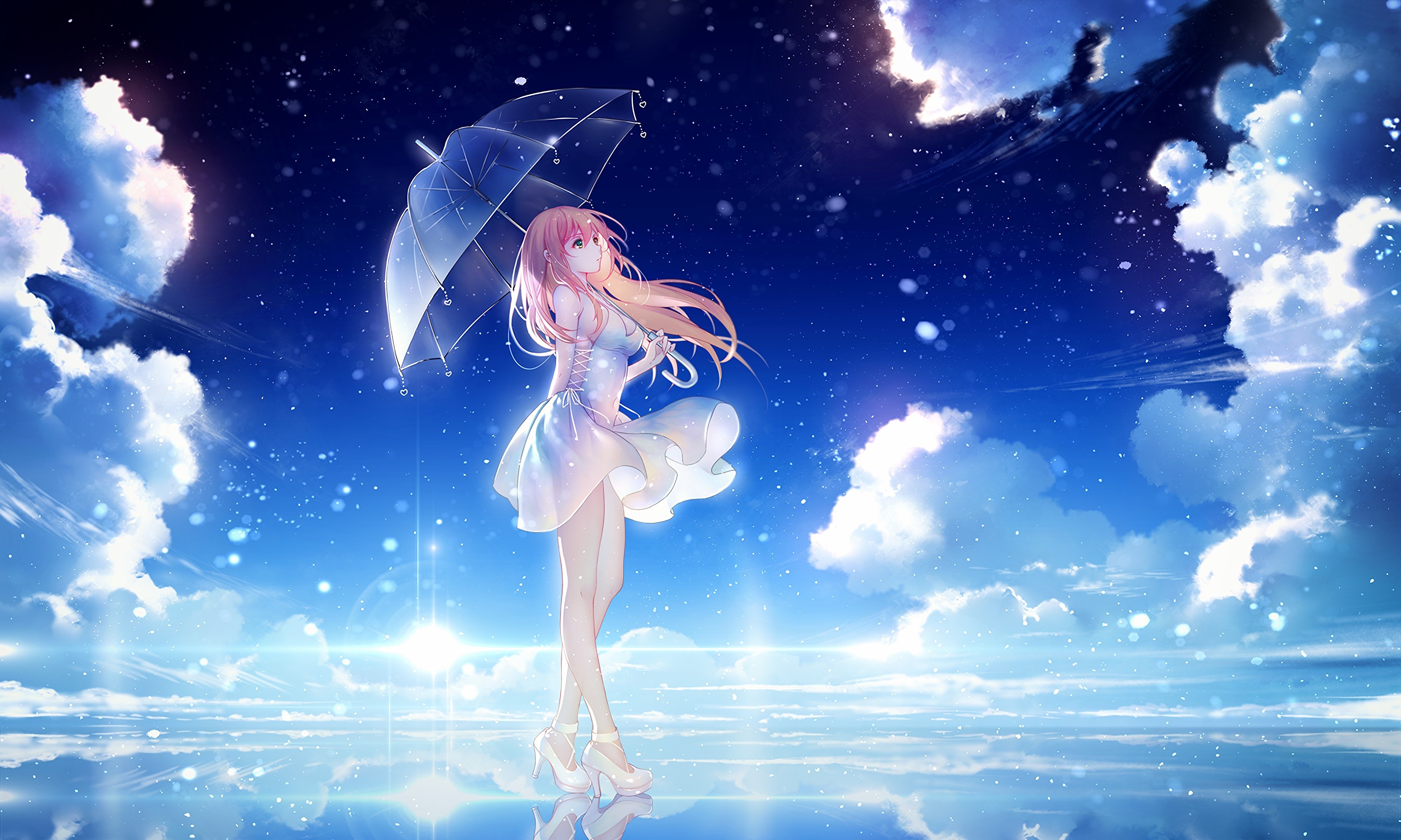 Anime girl with umbrella under starry sky and clouds HD Wallpaper