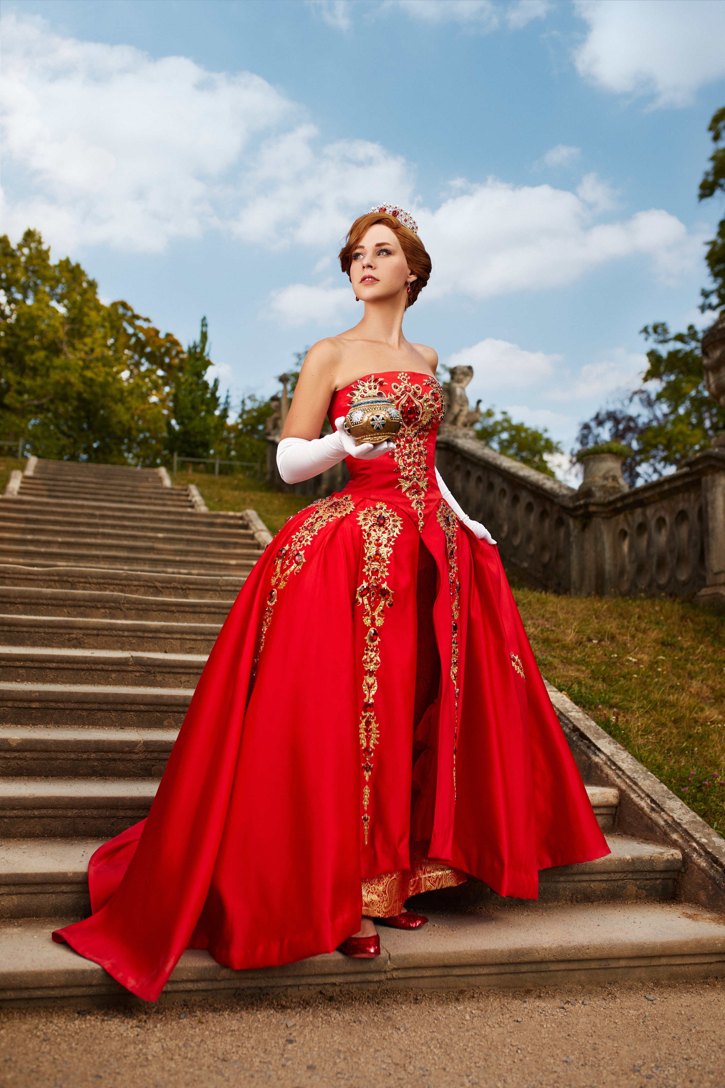 Anastasia in a red dress on stairs HD Phone Wallpaper