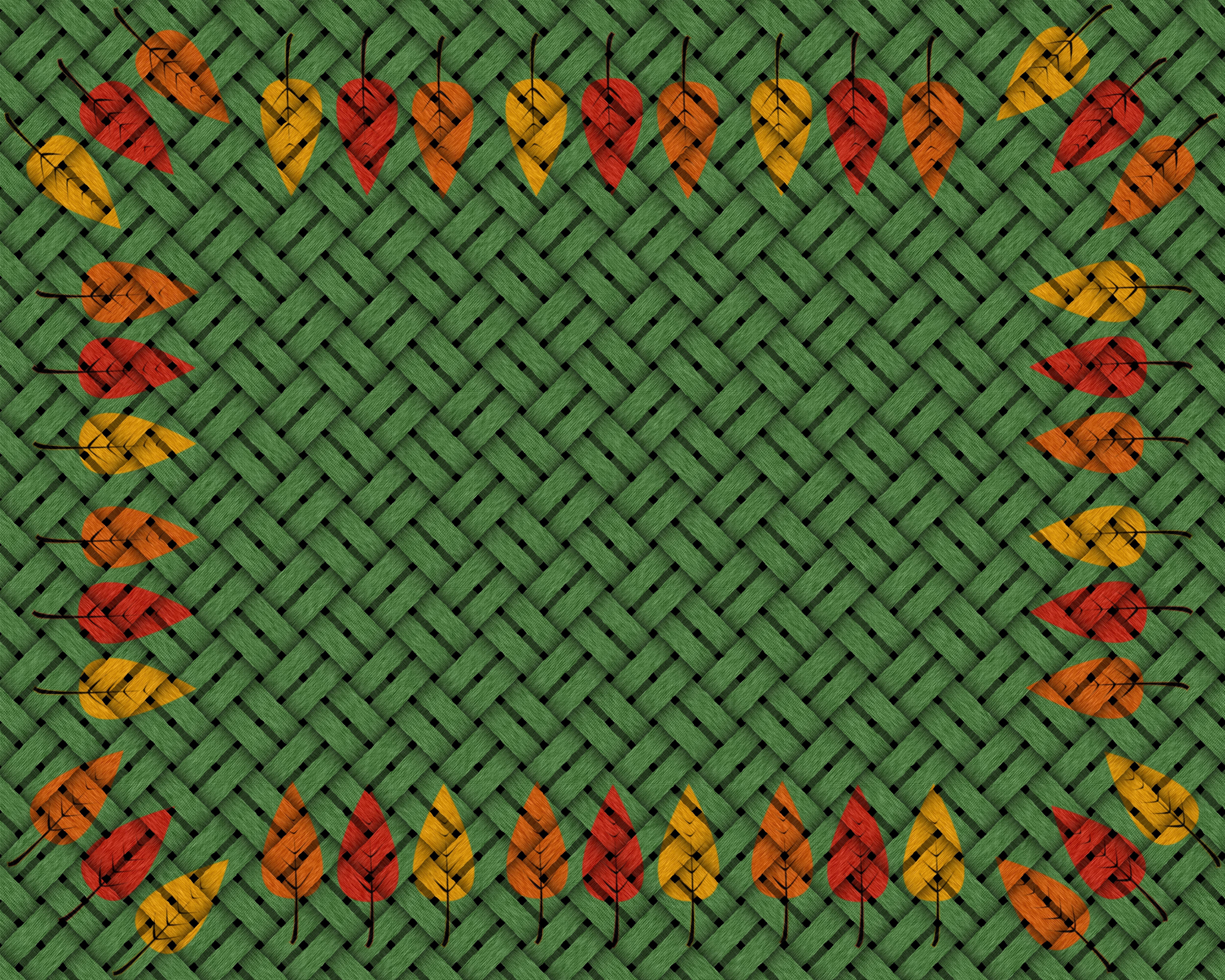 Autumn Leaves Border on Green Woven Texture HD Wallpaper