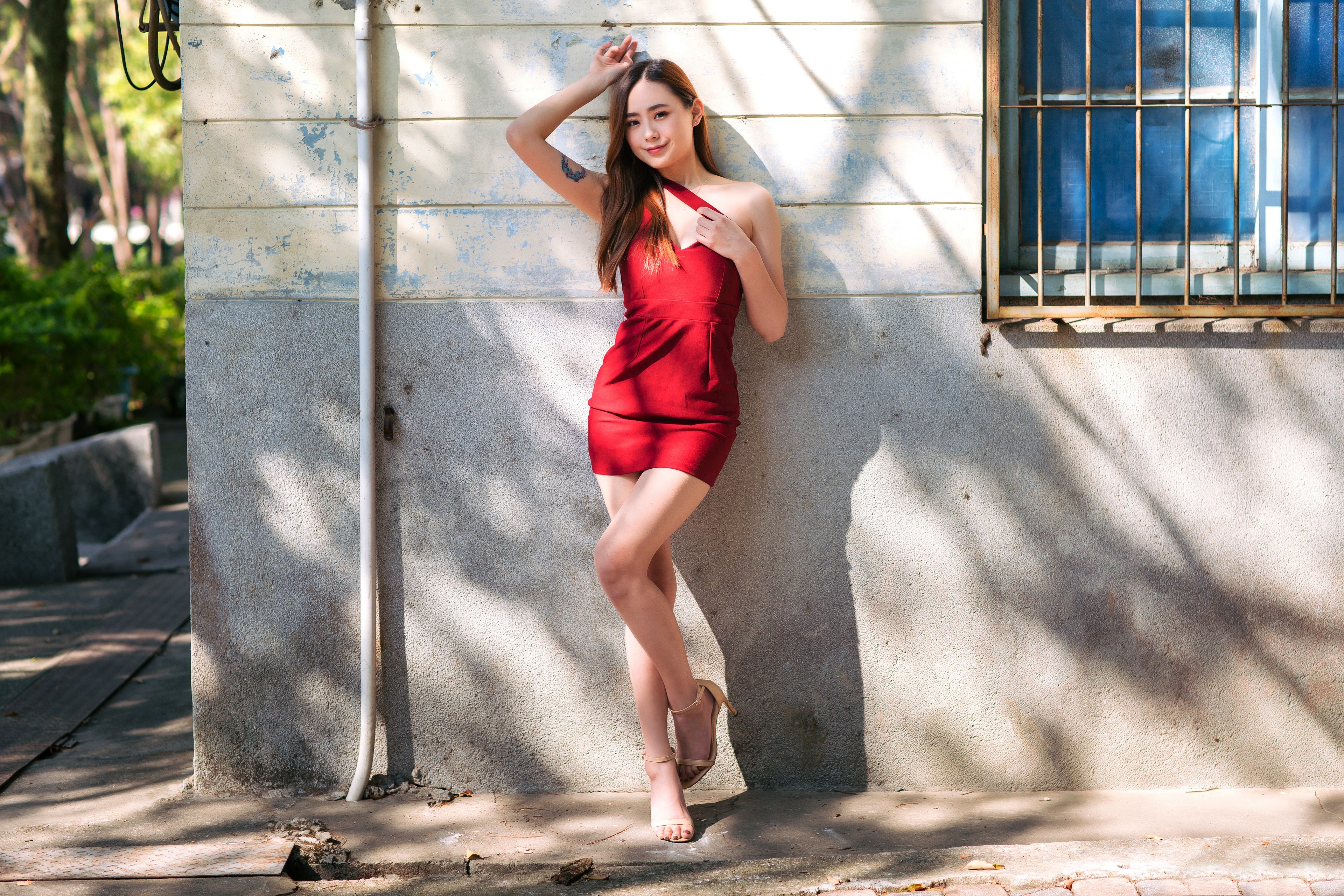 4K Asian Woman in Red Dress Pose HD Wallpaper