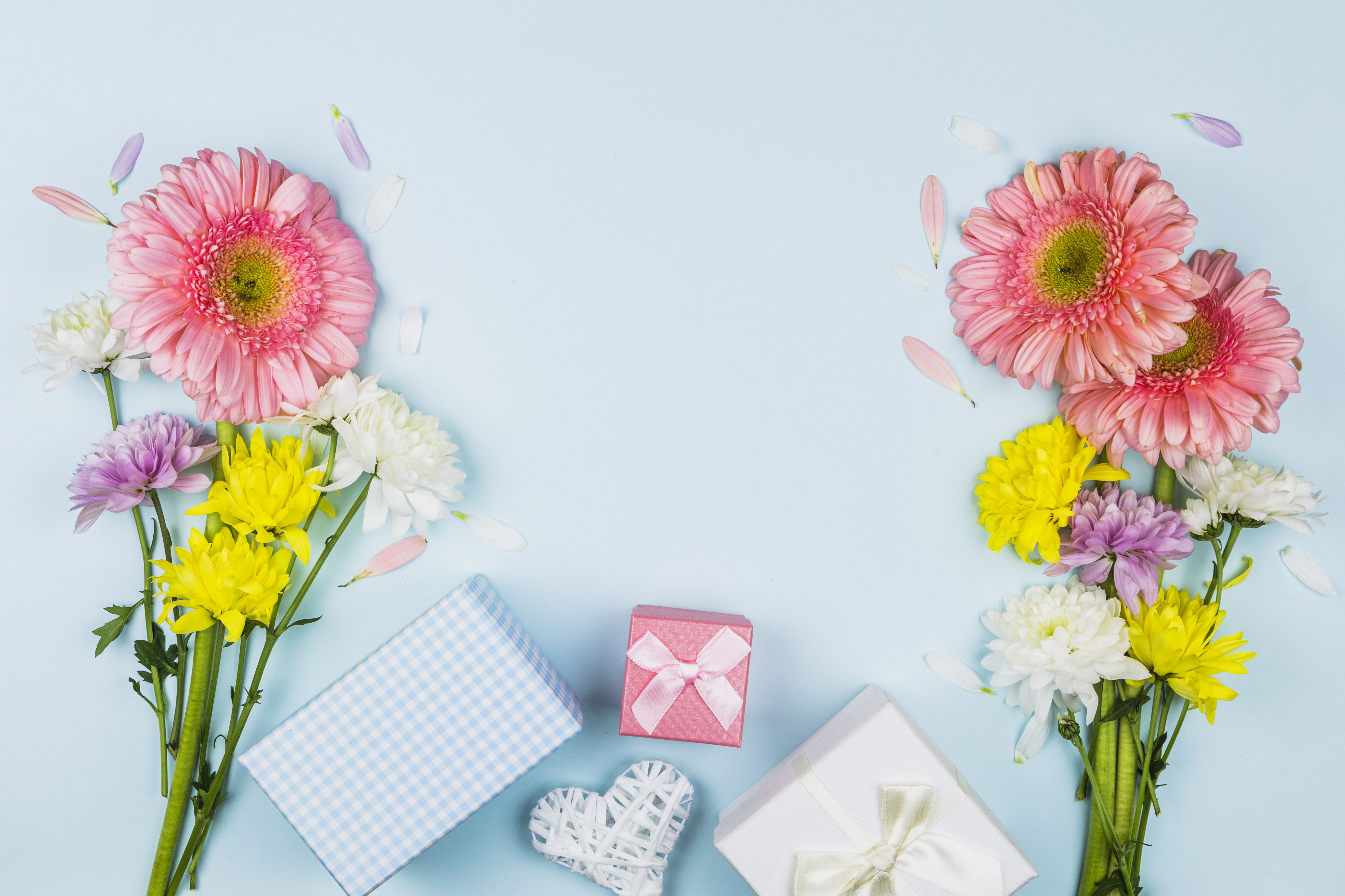 Bouquets of Gerberas and Chrysanthemums with Gifts and Heart HD Wallpaper