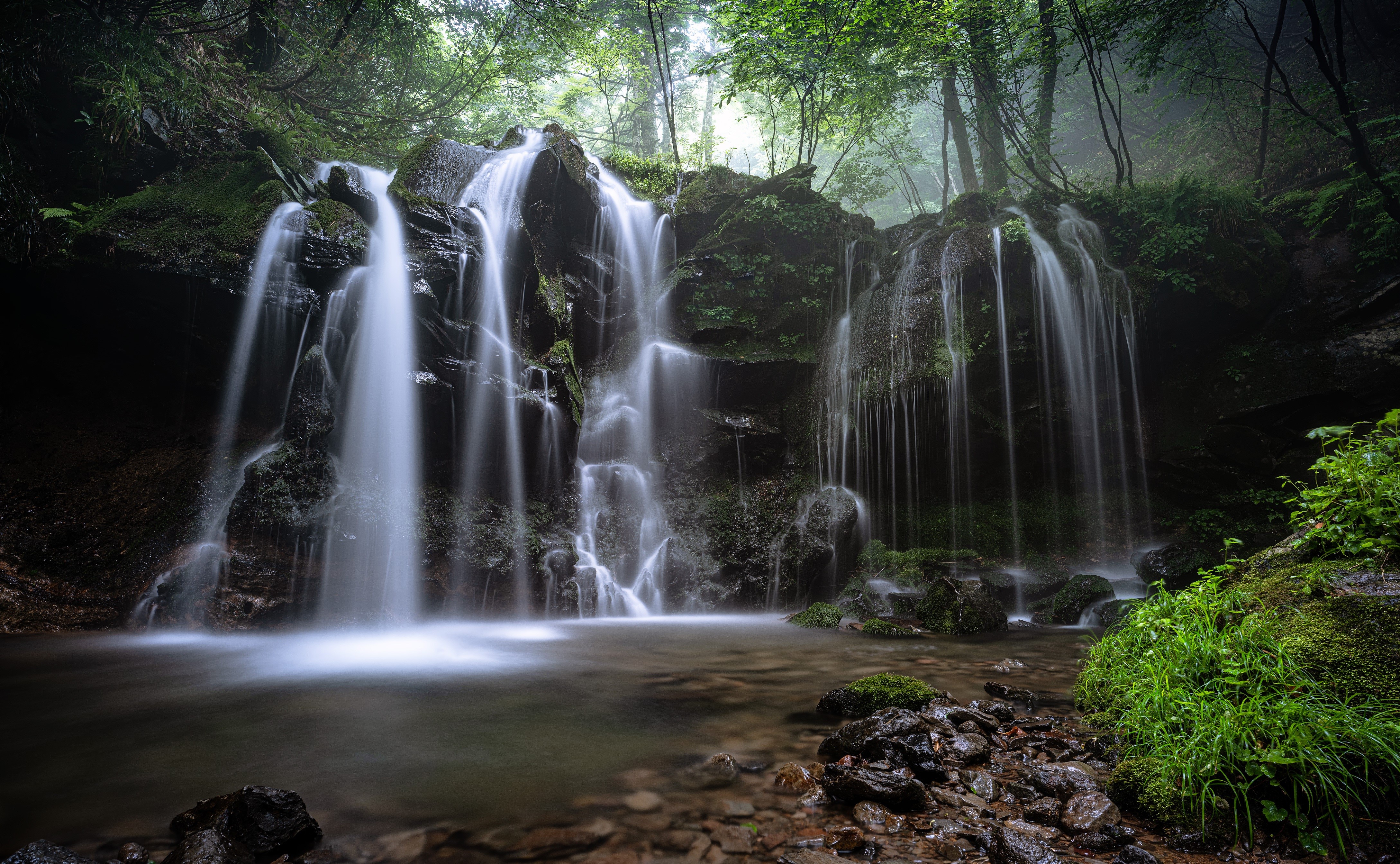 Waterfall in a Forest with Moss and Stones HD Wallpaper