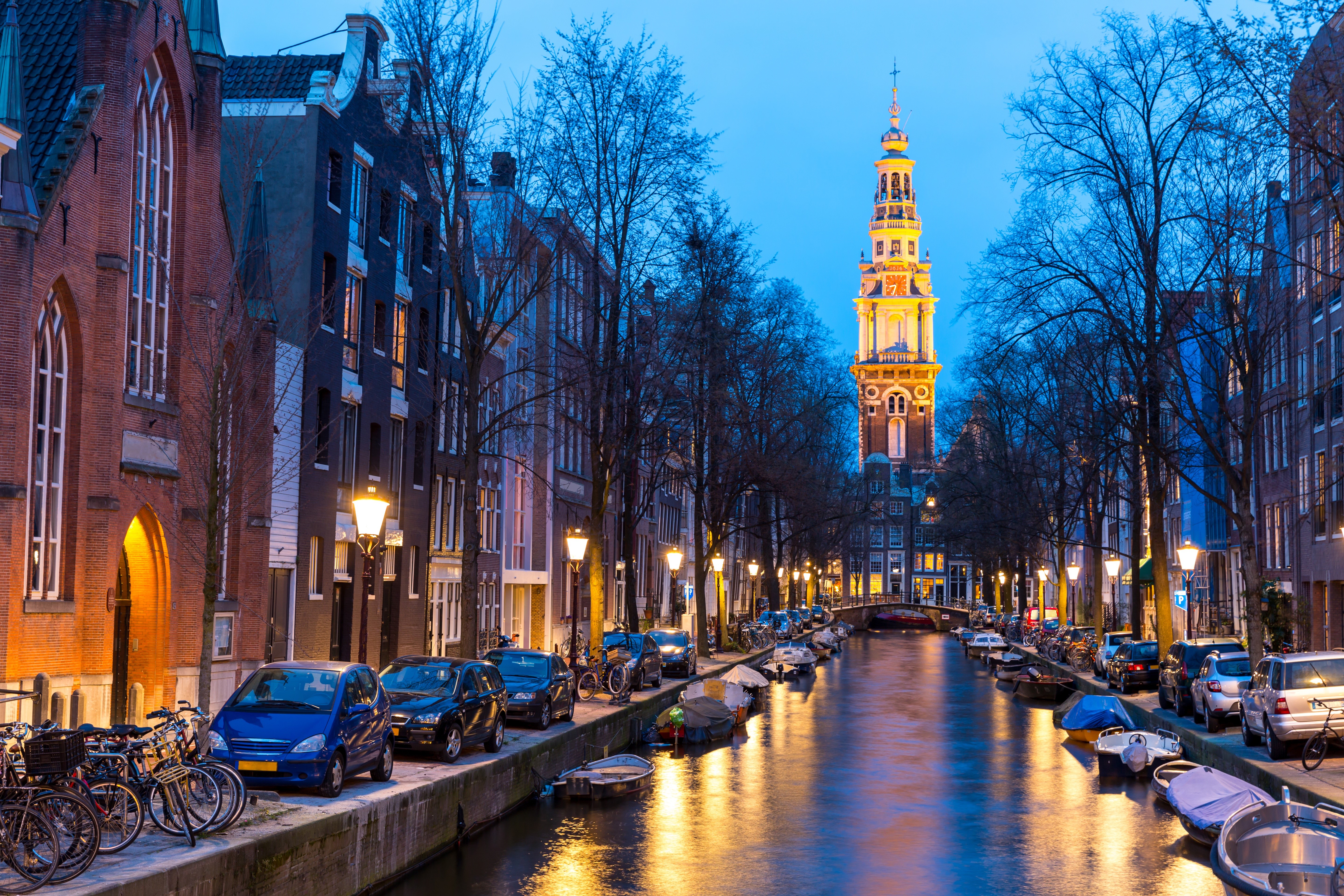 Amsterdam Canal at Dusk with Westerkerk Tower HD Wallpaper