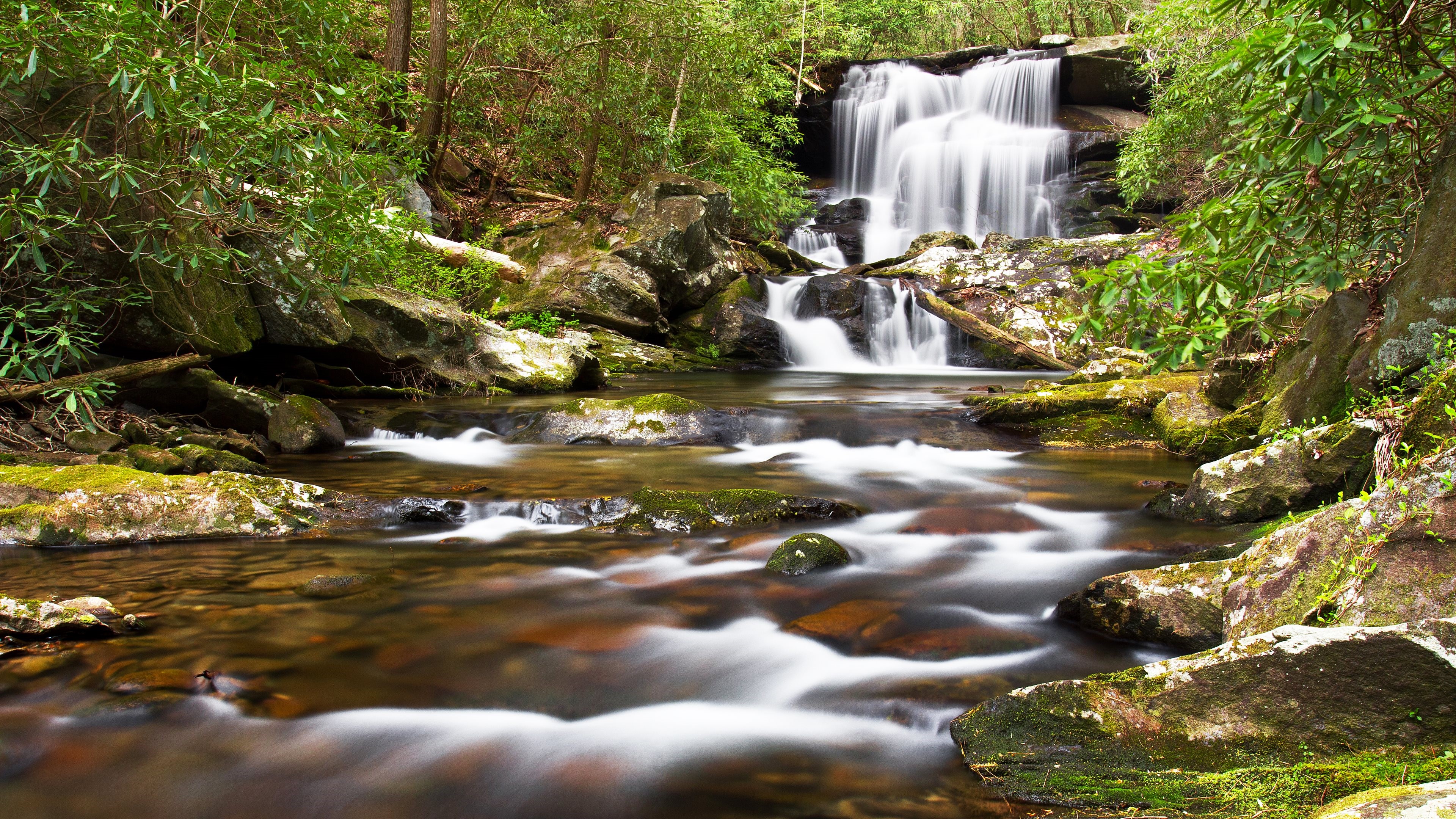 Waterfall and stream with mossy rocks HD Wallpaper