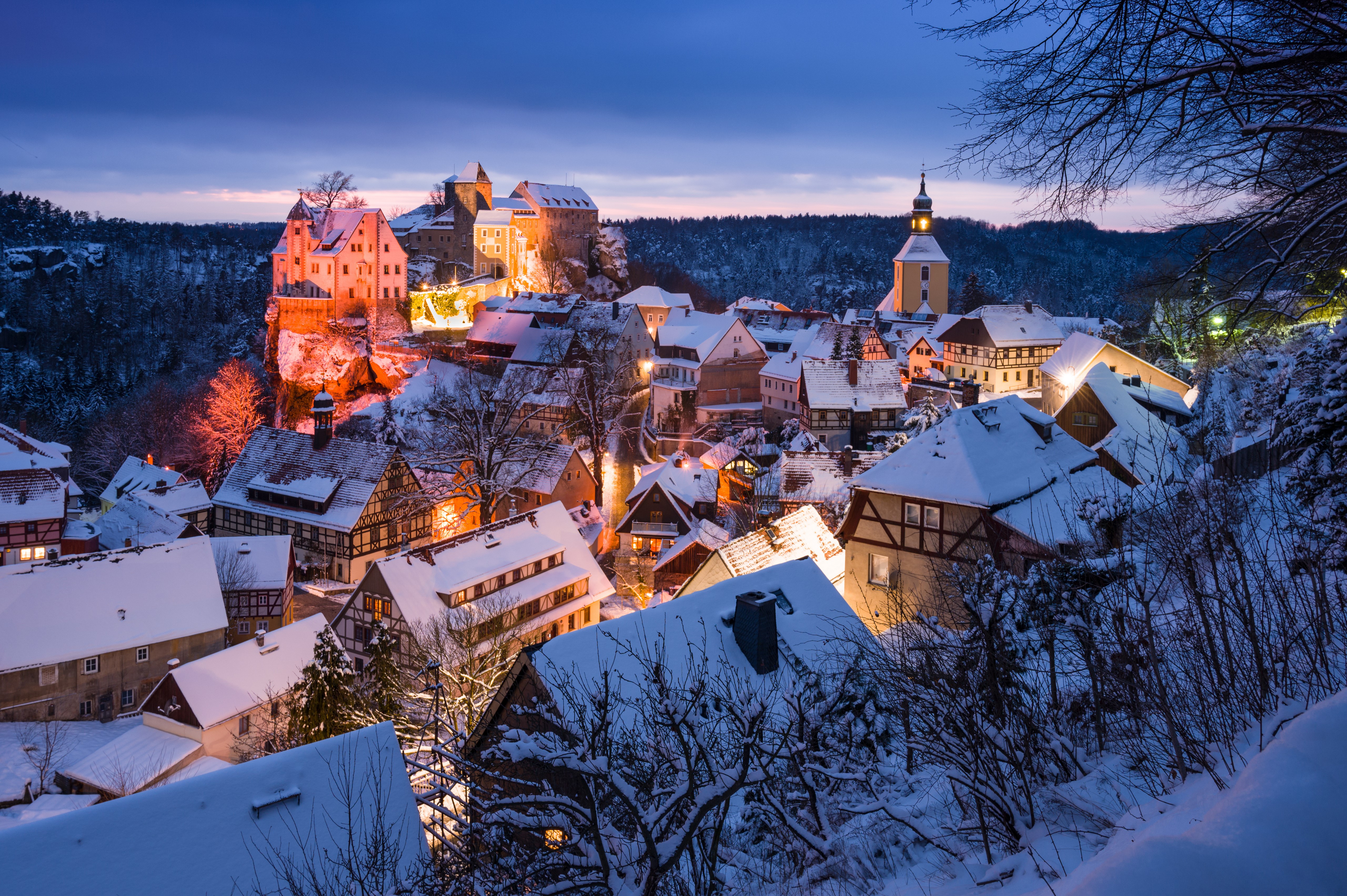 Hohnstein Castle and village in Germany during winter evening HD Wallpaper