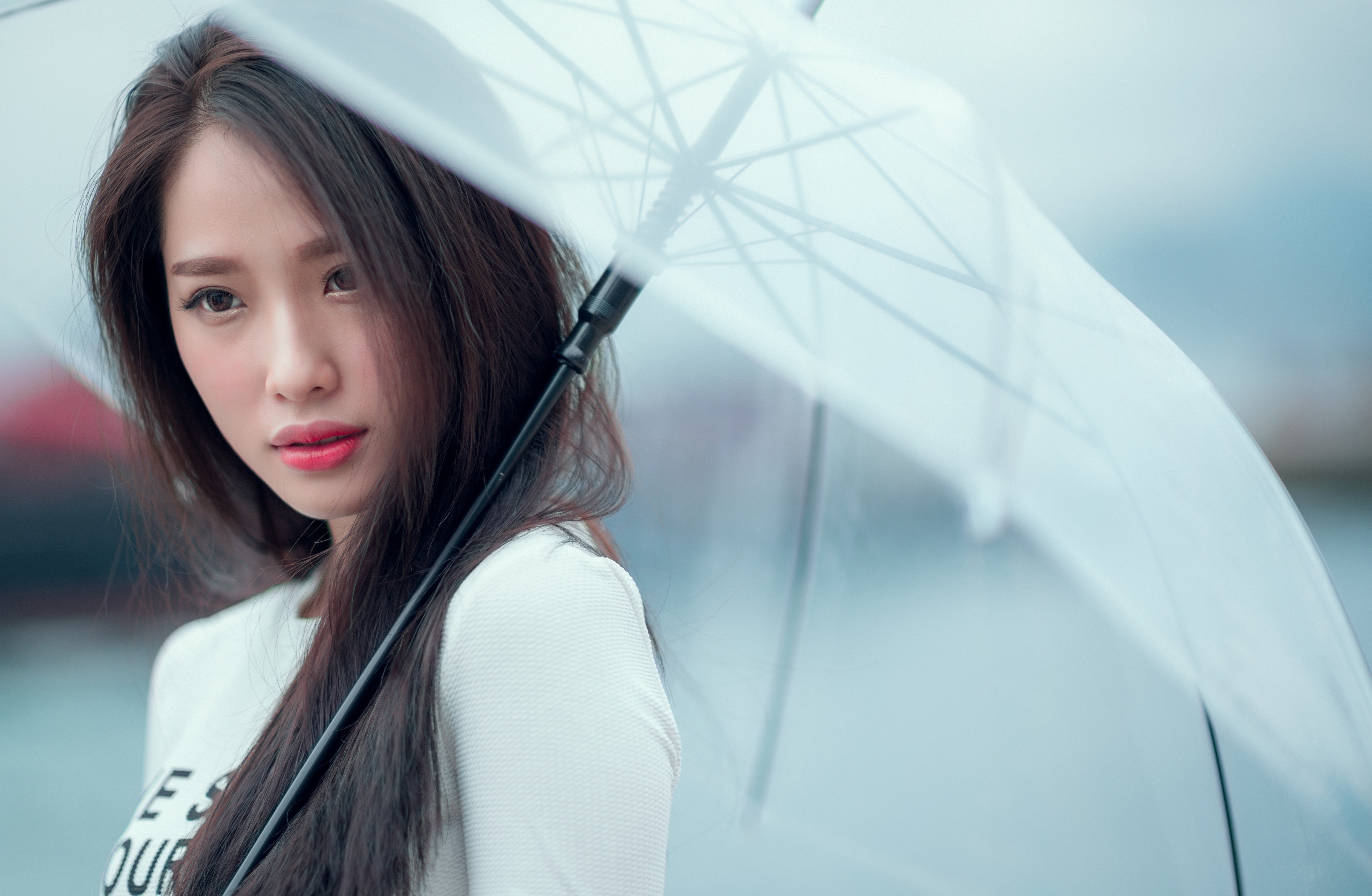Brunette Asian Girl with Umbrella in 4K HD Wallpaper