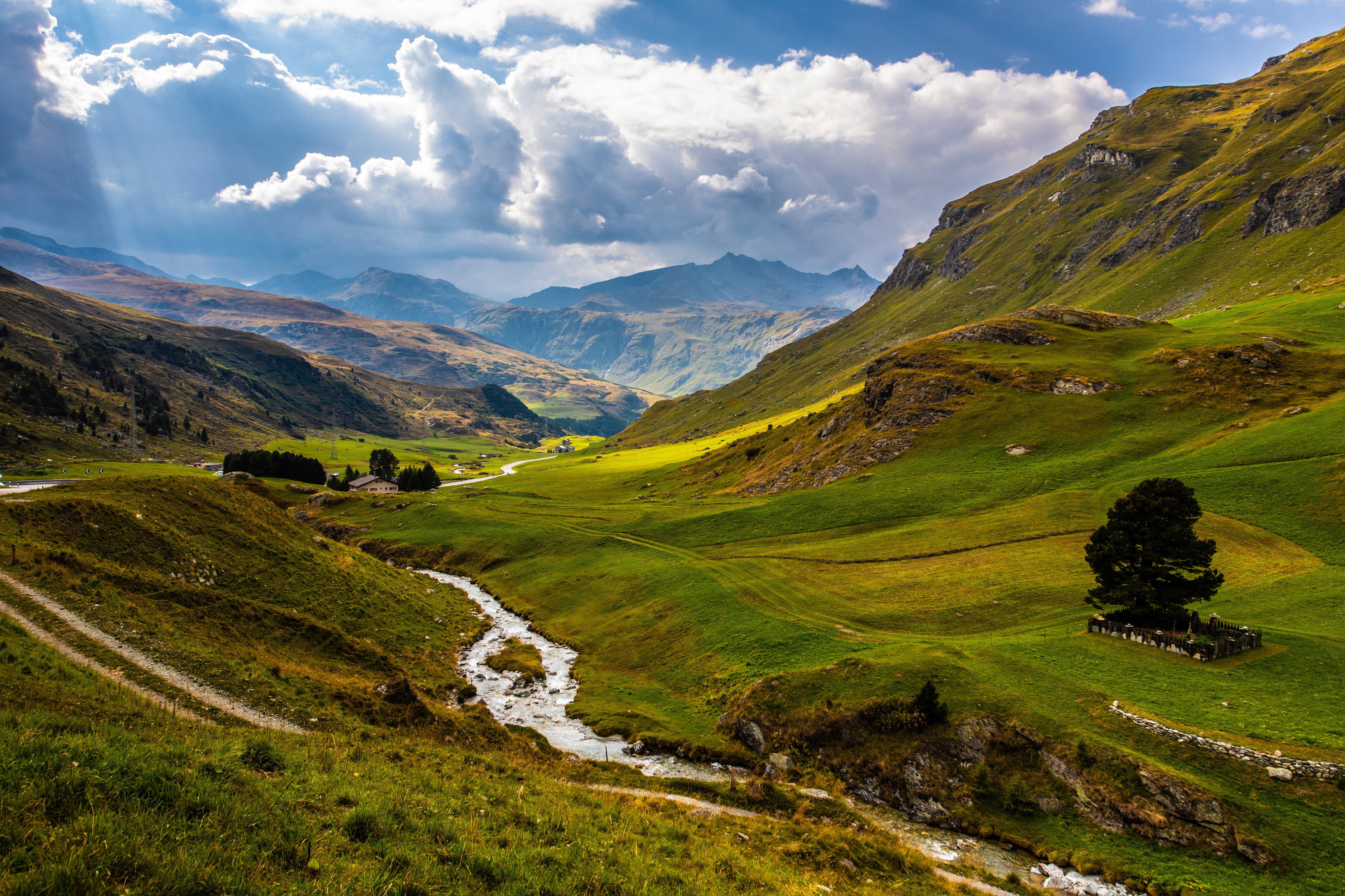 Switzerland Alps Mountains Valley Stream Clouds HD Wallpaper