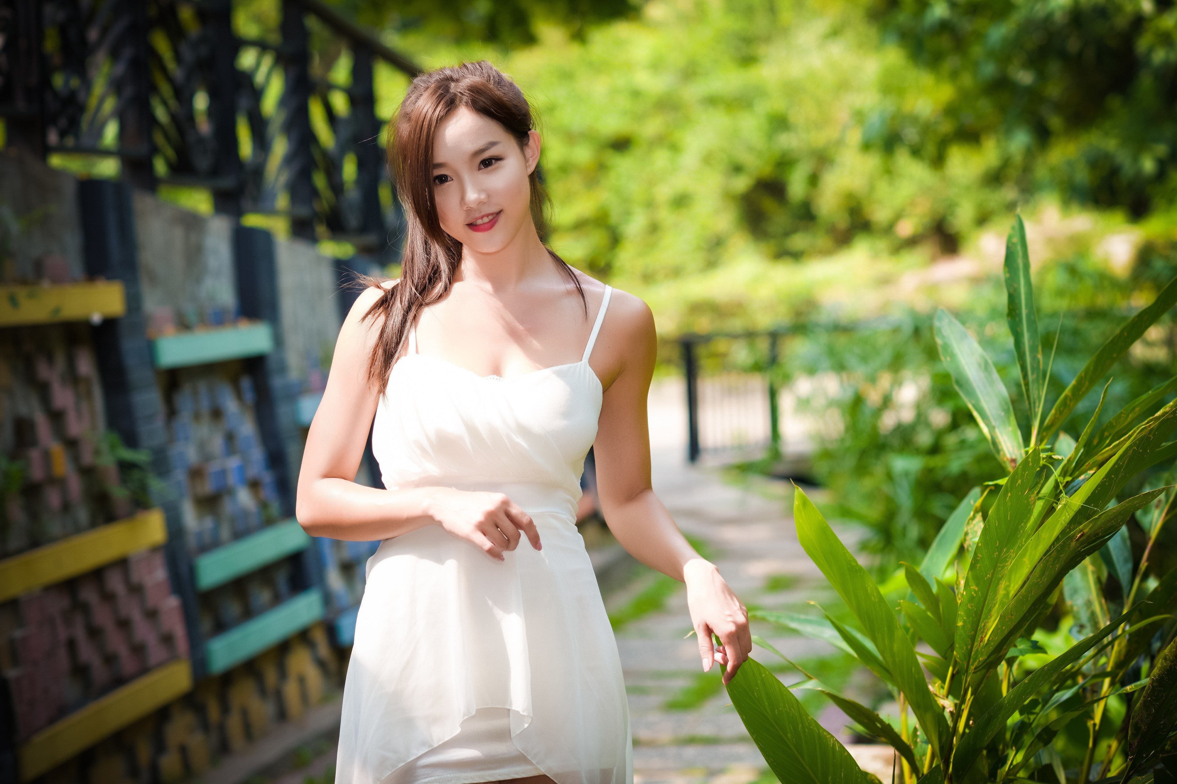 4K Asian Woman in White Dress with Bokeh HD Wallpaper