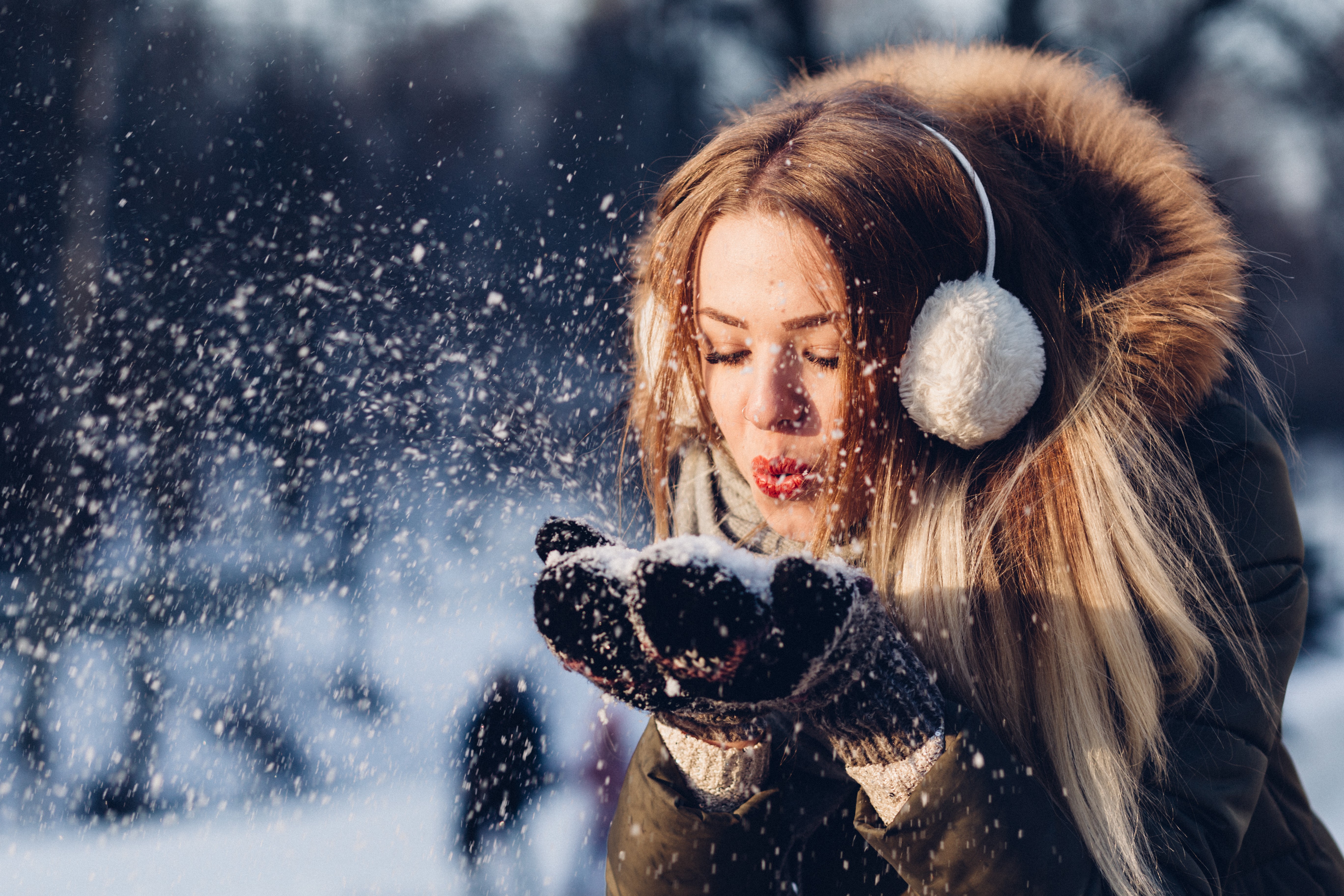Girl blowing snow in winter HD Wallpaper